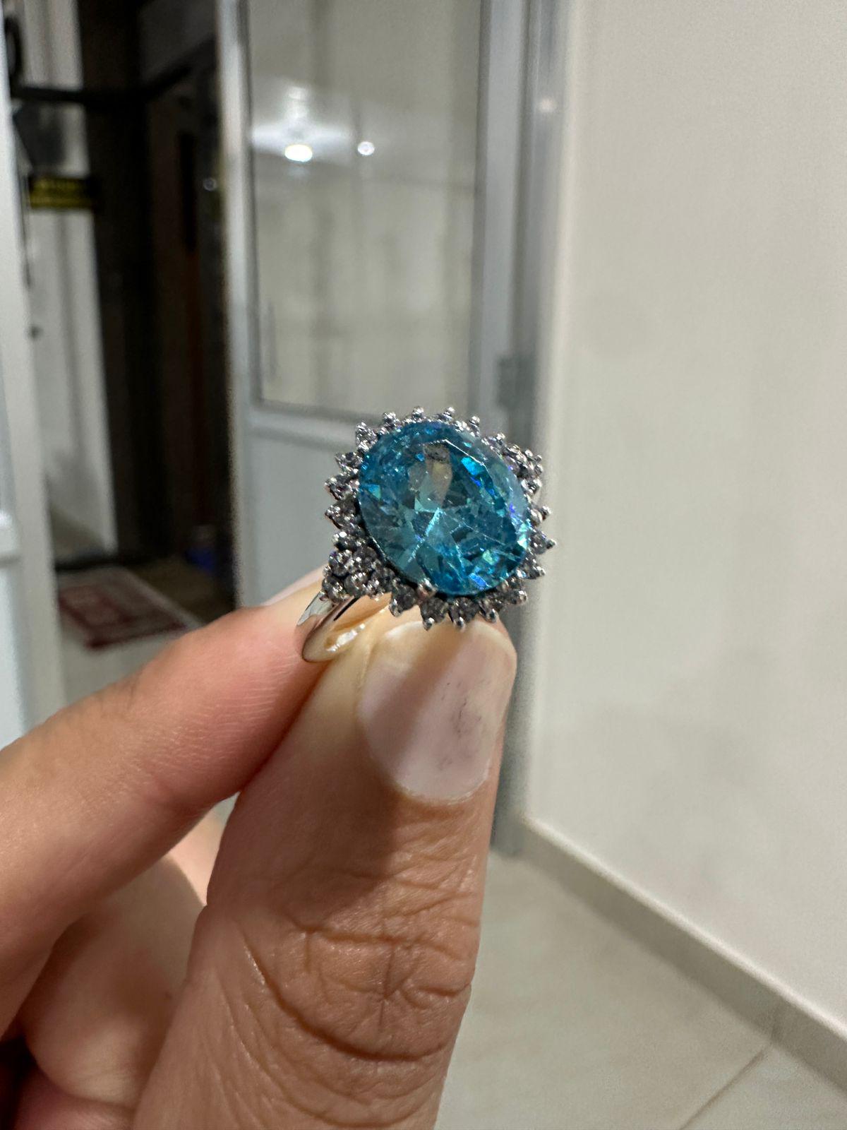 Ice Blue Oval Halo Ring, 925 Sterling Silver Statement Cocktail Ring for women
