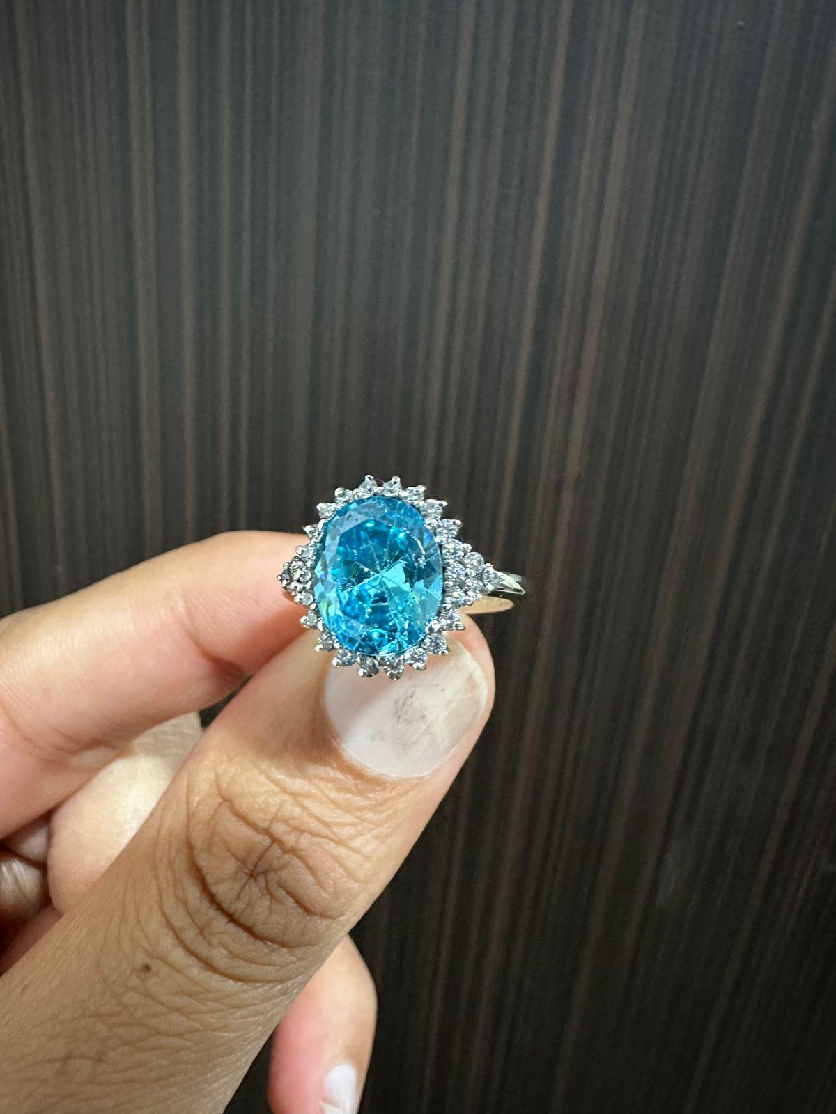 Ice Blue Oval Halo Ring, 925 Sterling Silver Statement Cocktail Ring for women