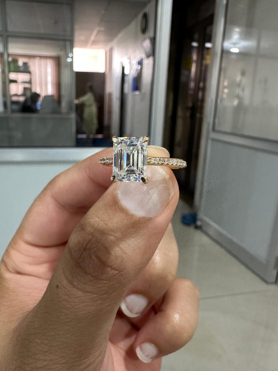 2 CT Emerald Cut Moissanite Engagement Ring, 14K Yellow Gold Pavé Band Proposal Ring