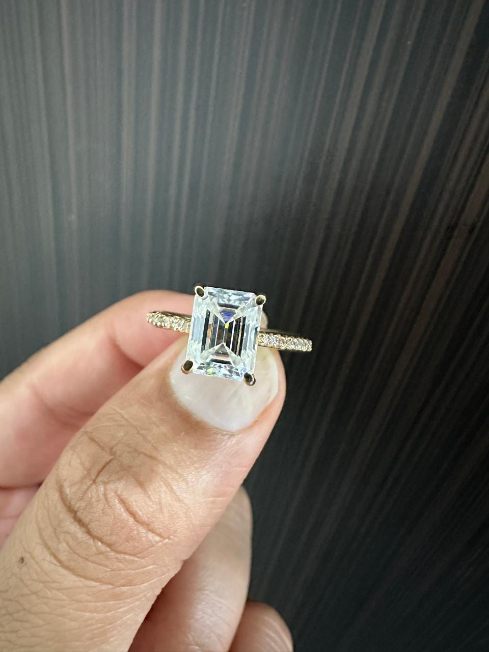 2 CT Emerald Cut Moissanite Engagement Ring, 14K Yellow Gold Pavé Band Proposal Ring