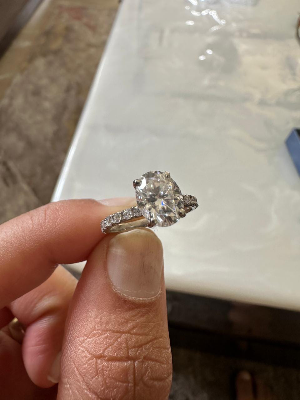 2 CT Oval Moissanite Engagement Ring, 14K White Gold Pavé Band, Minimalist Bridal Ring