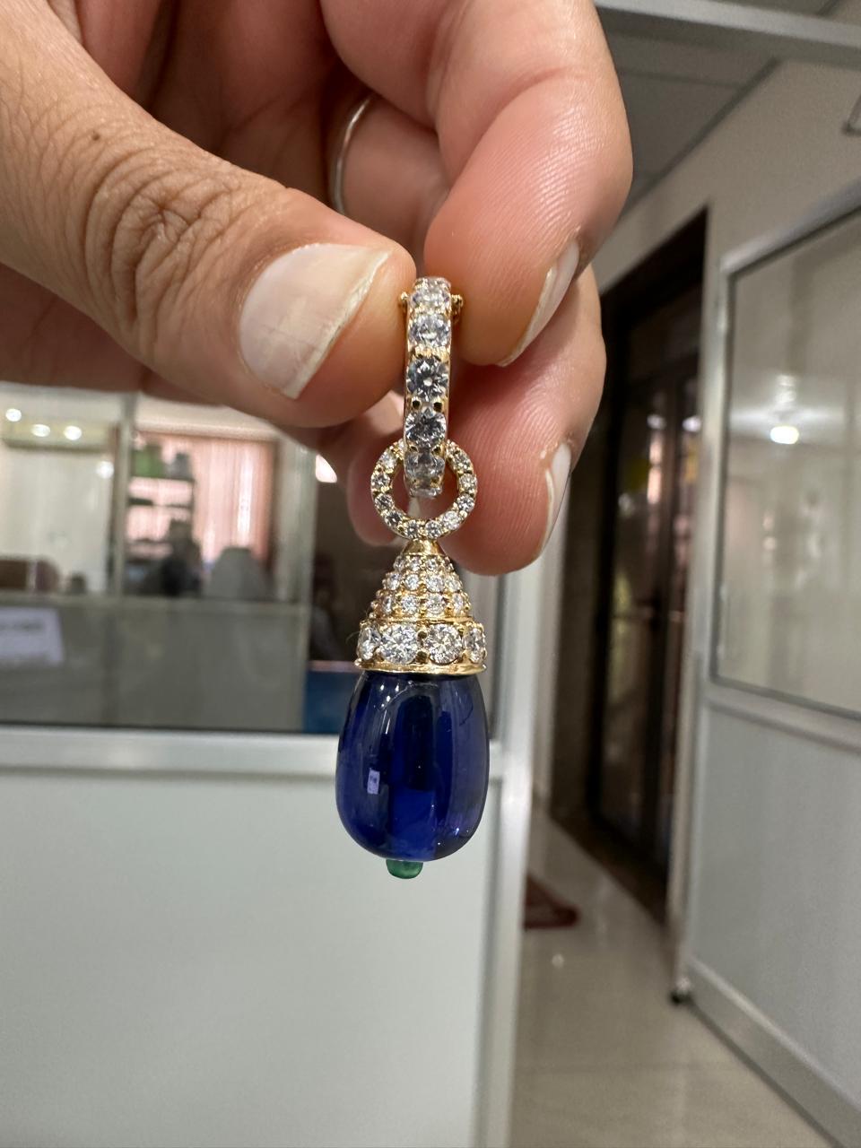 Lab Sapphire Teardrop Pendant | Moissanite, Emerald, 14K Gold Finish