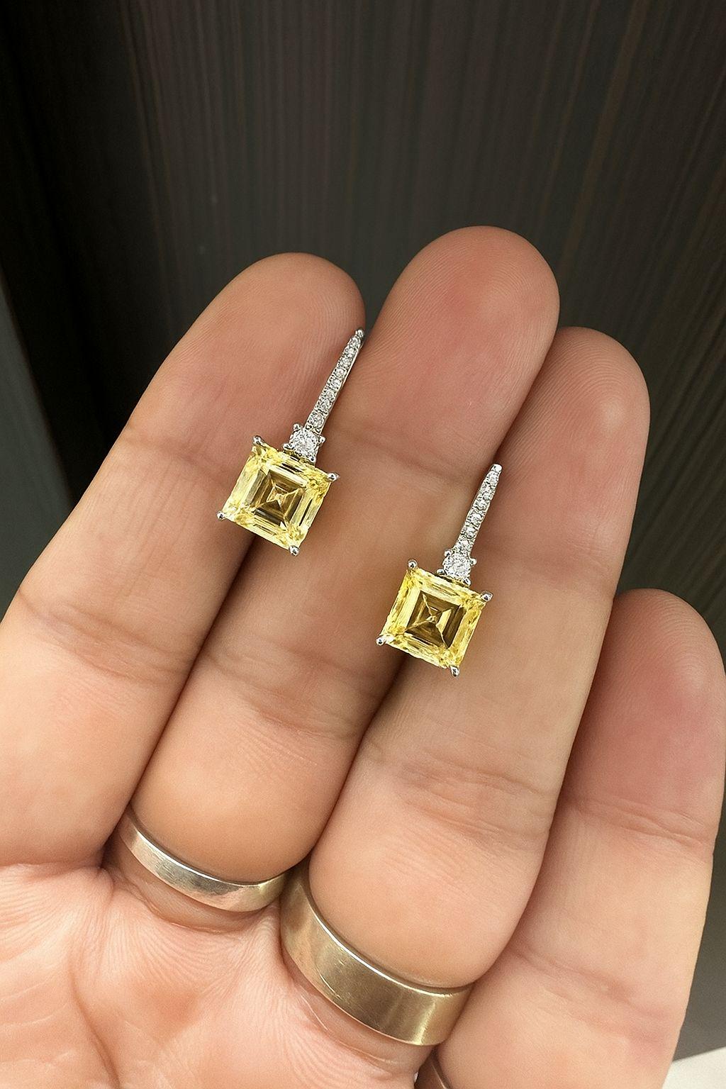 5 CT Yellow Moissanite Asscher Cut Drop Earrings | 14K White Gold, Diamond Accents