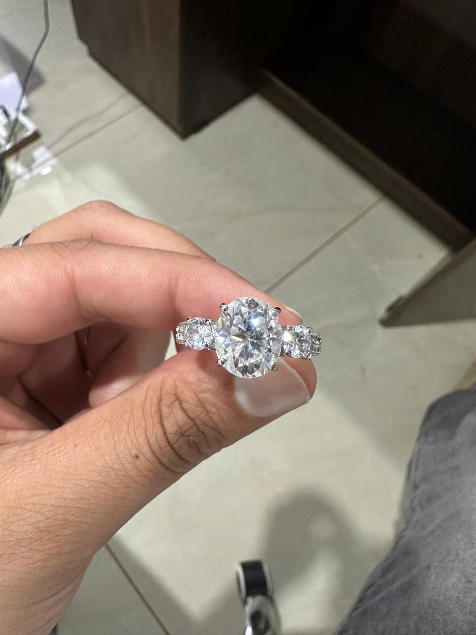 Oval Cut Moissanite Engagement Ring, 5 Carat, 14K White Gold Three Stone Ring