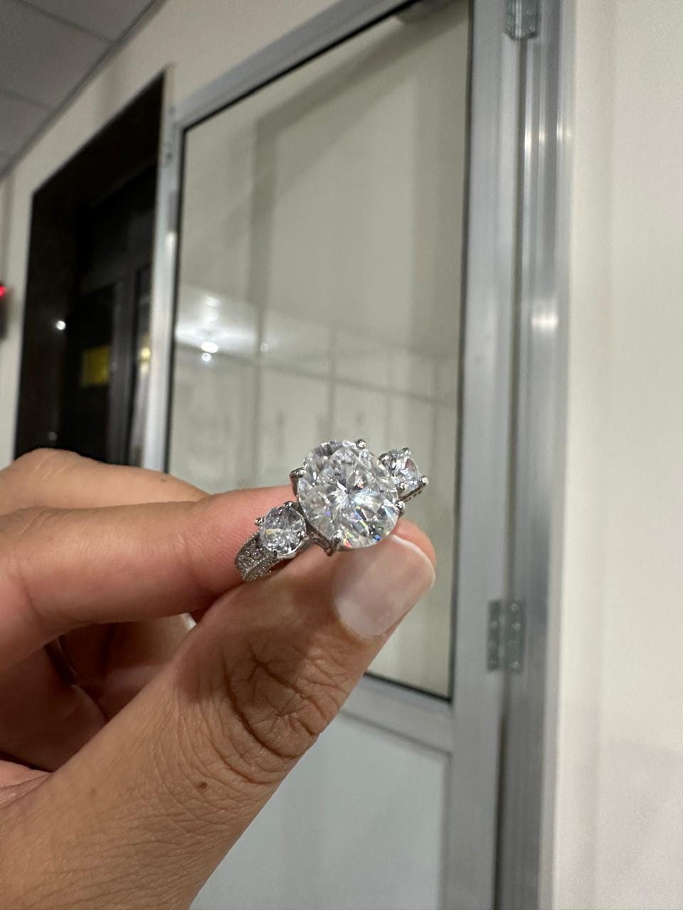 Oval Cut Moissanite Engagement Ring, 5 Carat, 14K White Gold Three Stone Ring