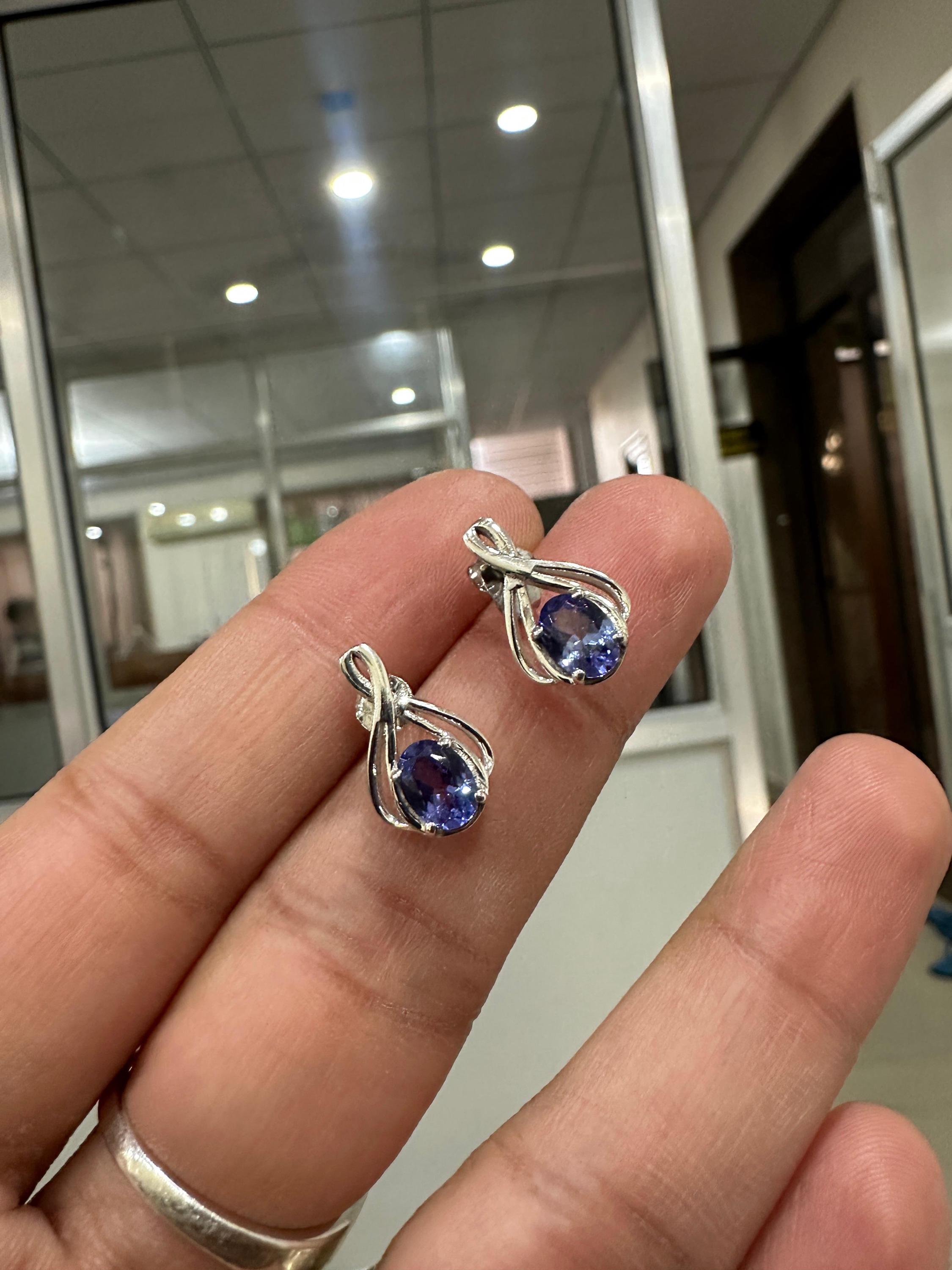 Oval cut Tanzanite Infinity Stud Earrings | 14K White Gold, December Birthstone Jewelry