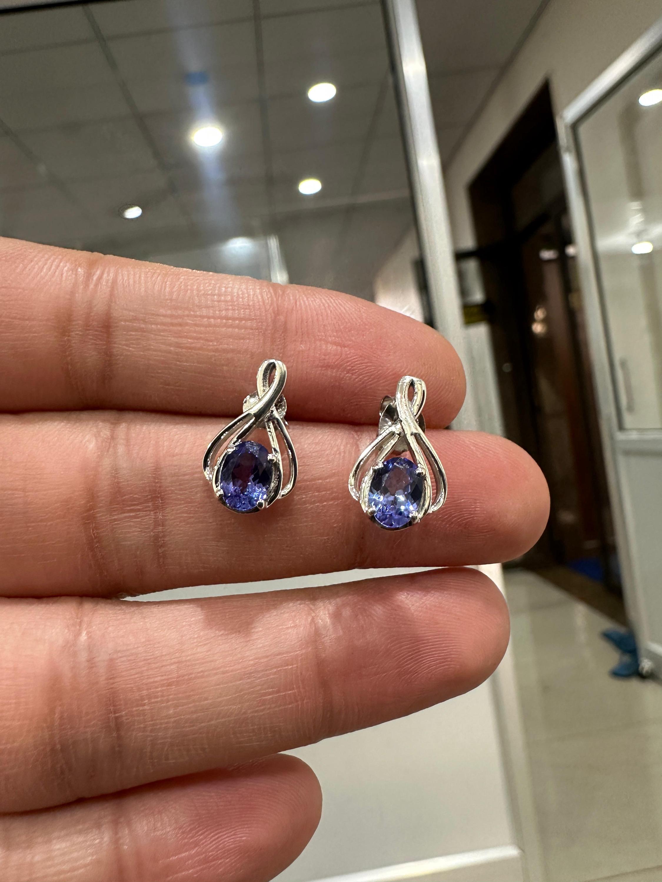 Oval cut Tanzanite Infinity Stud Earrings | 14K White Gold, December Birthstone Jewelry