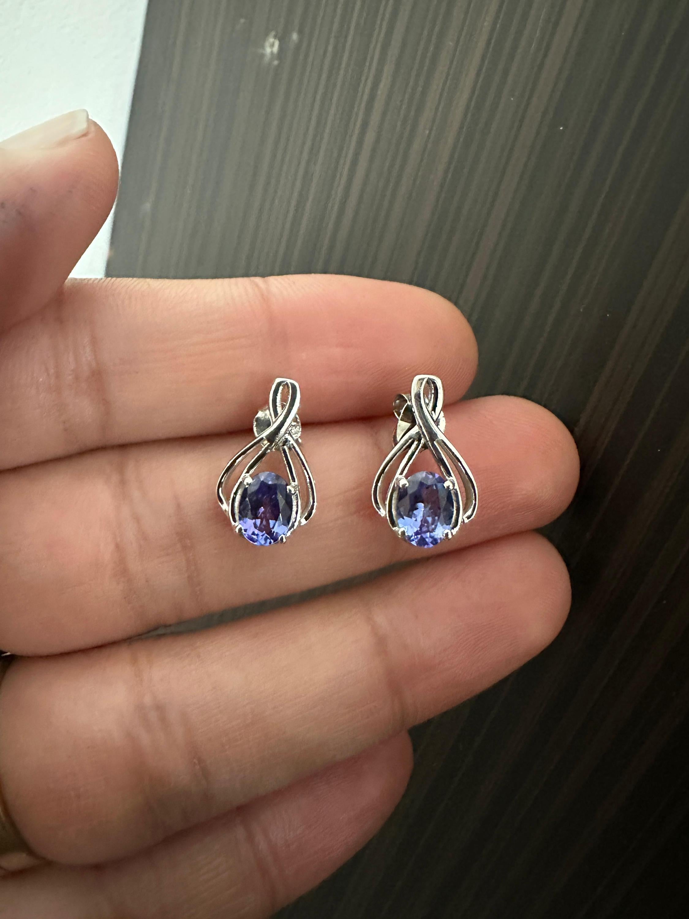 Oval cut Tanzanite Infinity Stud Earrings | 14K White Gold, December Birthstone Jewelry