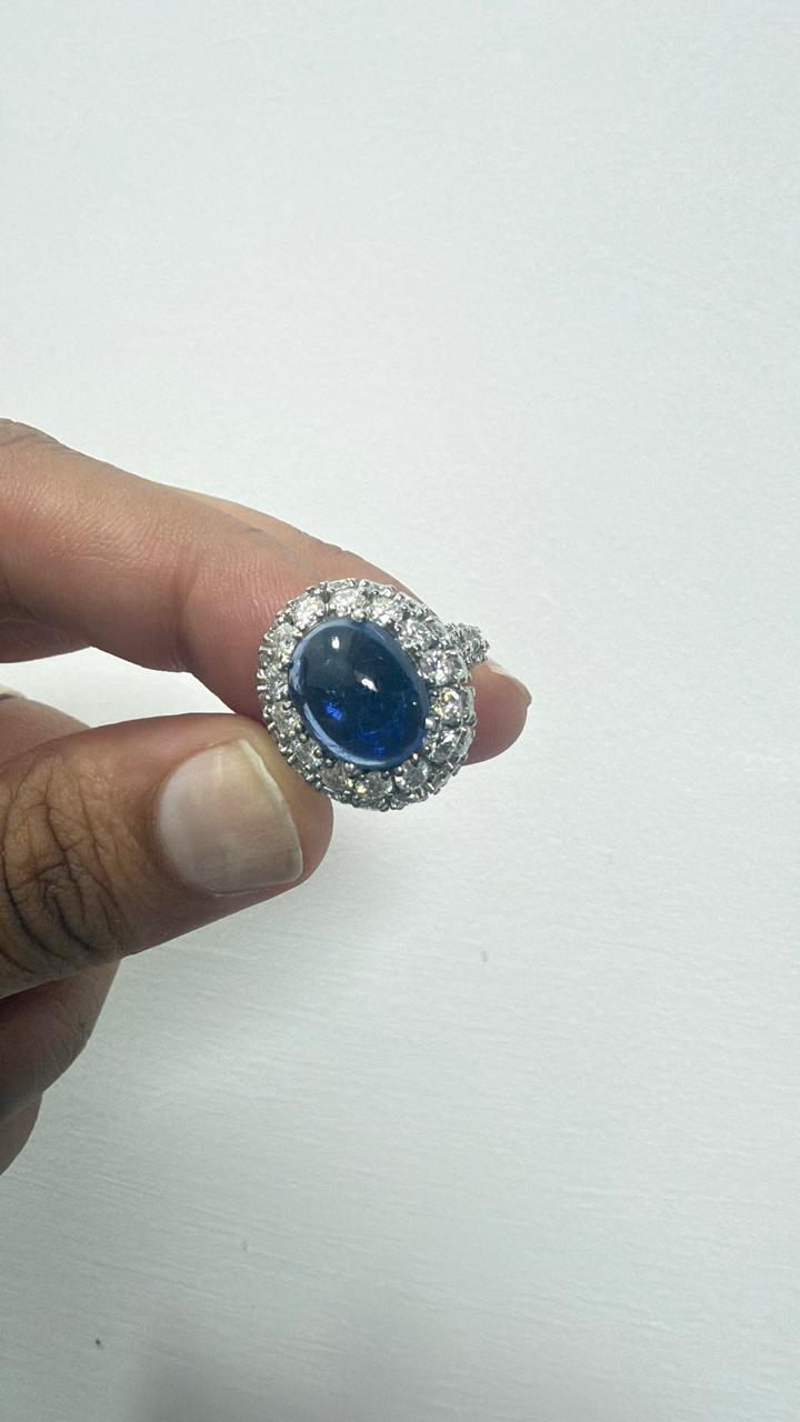 Lab-Grown Royal Blue Sapphire Halo Ring: 14K White Gold Statement Cocktail Ring