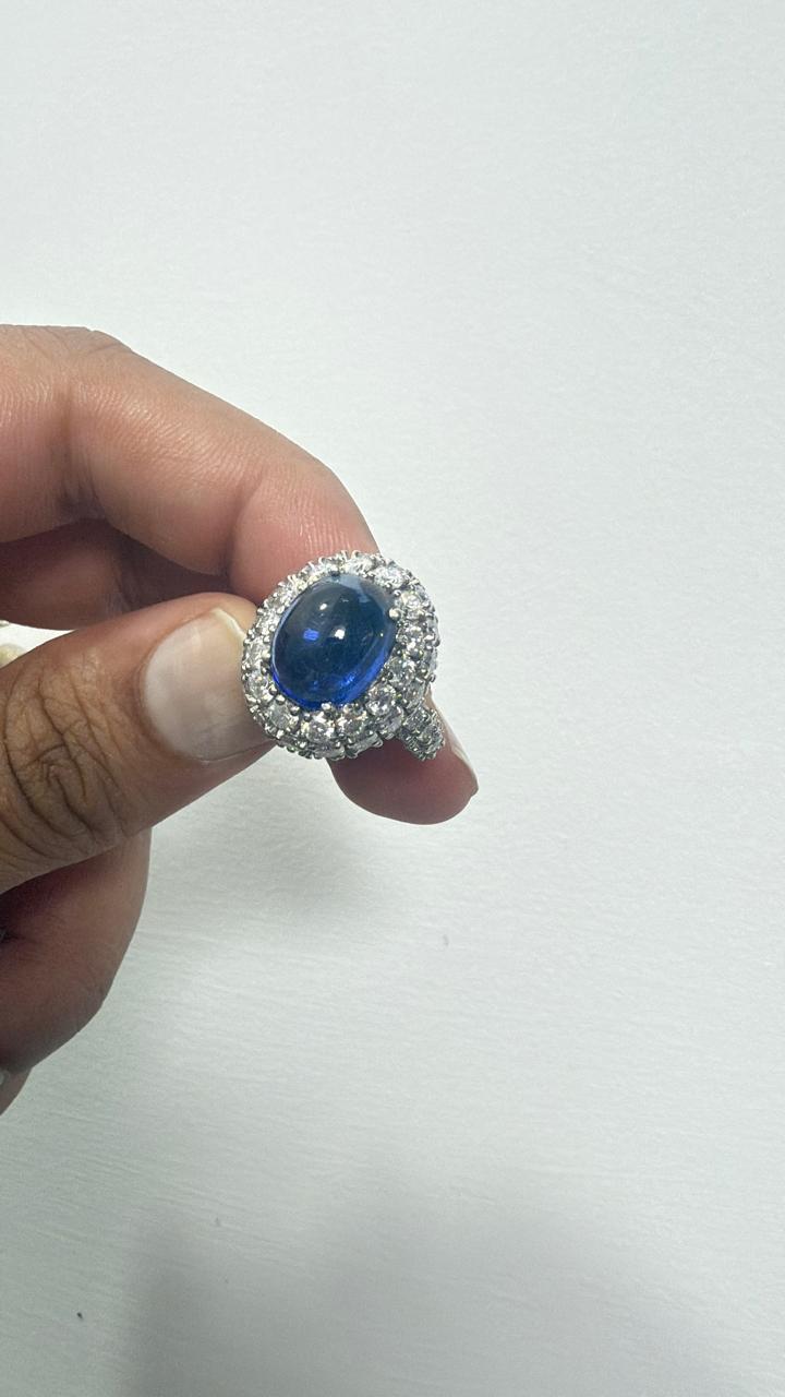 Lab-Grown Royal Blue Sapphire Halo Ring: 14K White Gold Statement Cocktail Ring