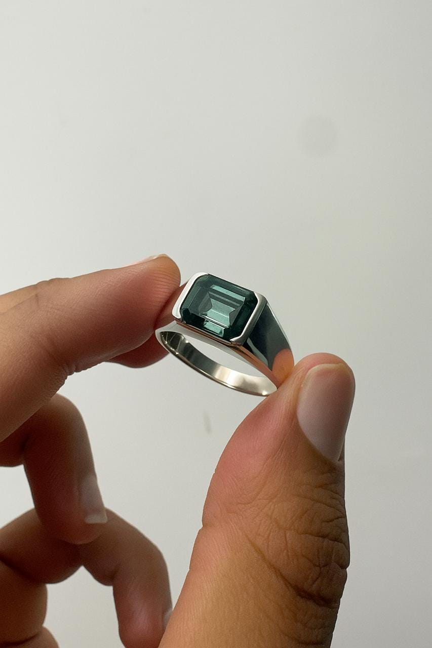 Men's Alexandrite Ring | 14K White Gold Half Bezel Statement Ring