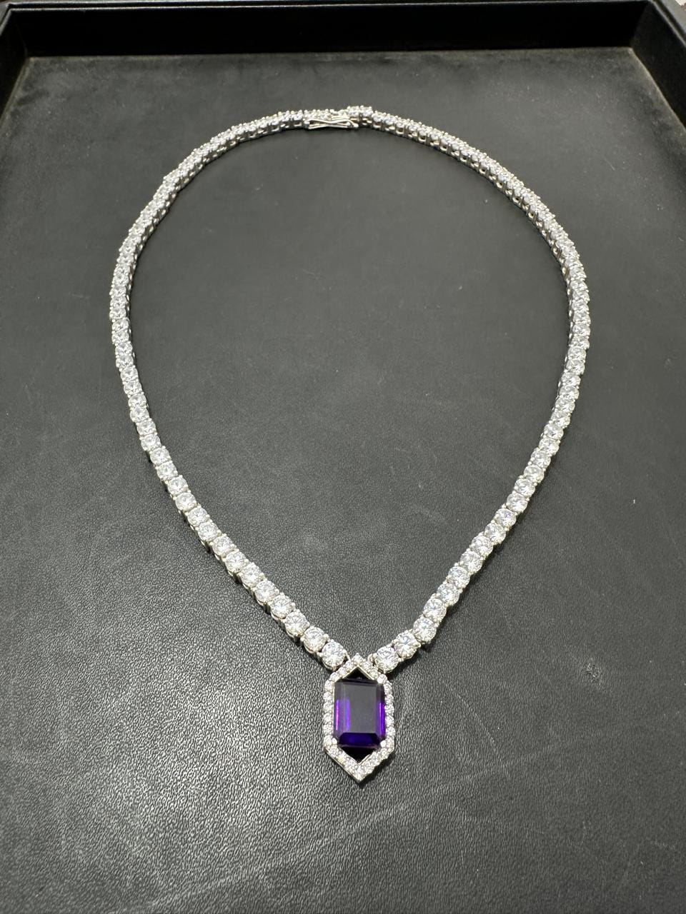Amethyst Moissanite Tennis Necklace | Statement Gemstone Jewelry for her, Luxury Gift