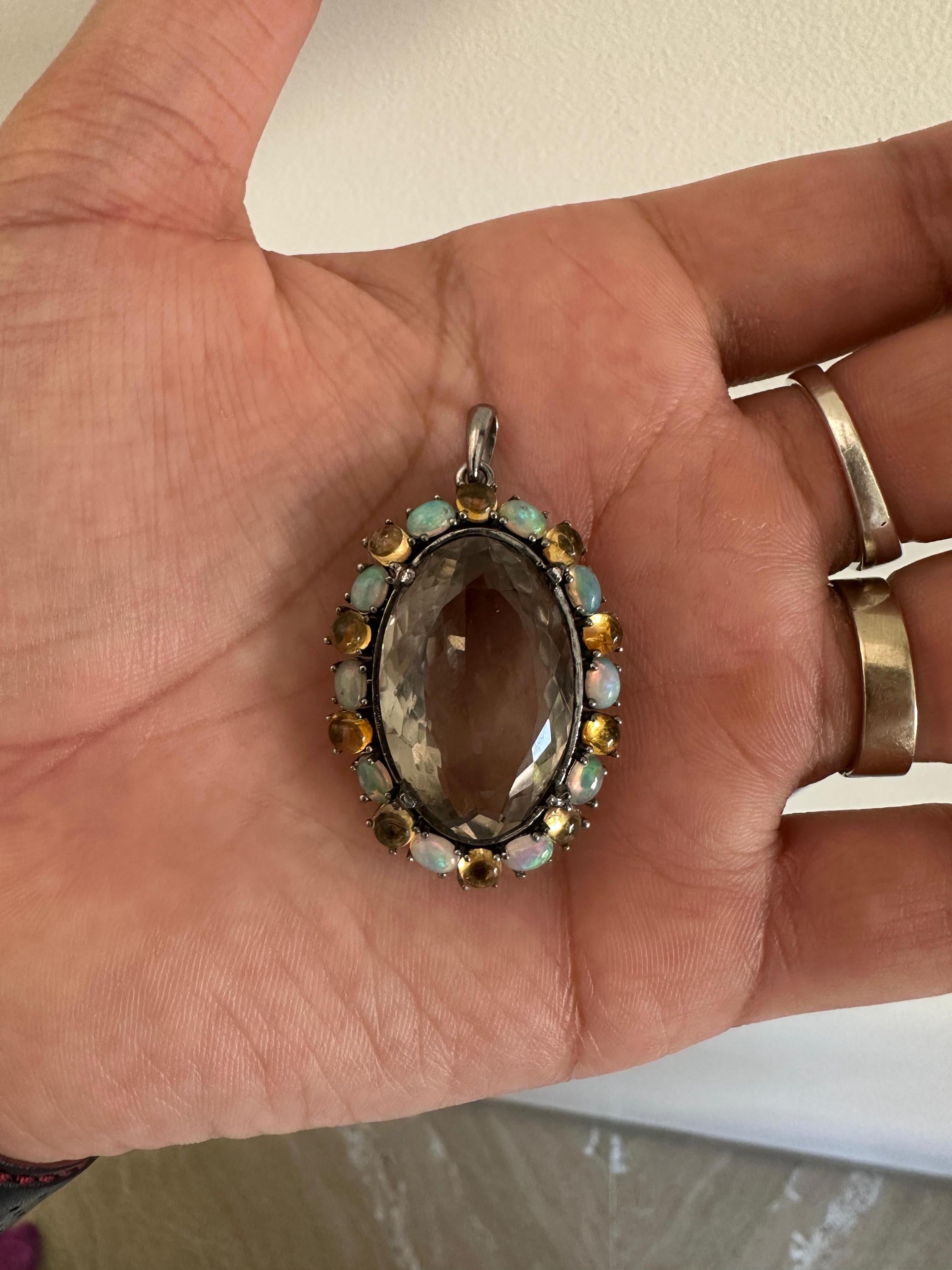 Green Amethyst & Opal Pendant | Sterling Silver Halo Necklace