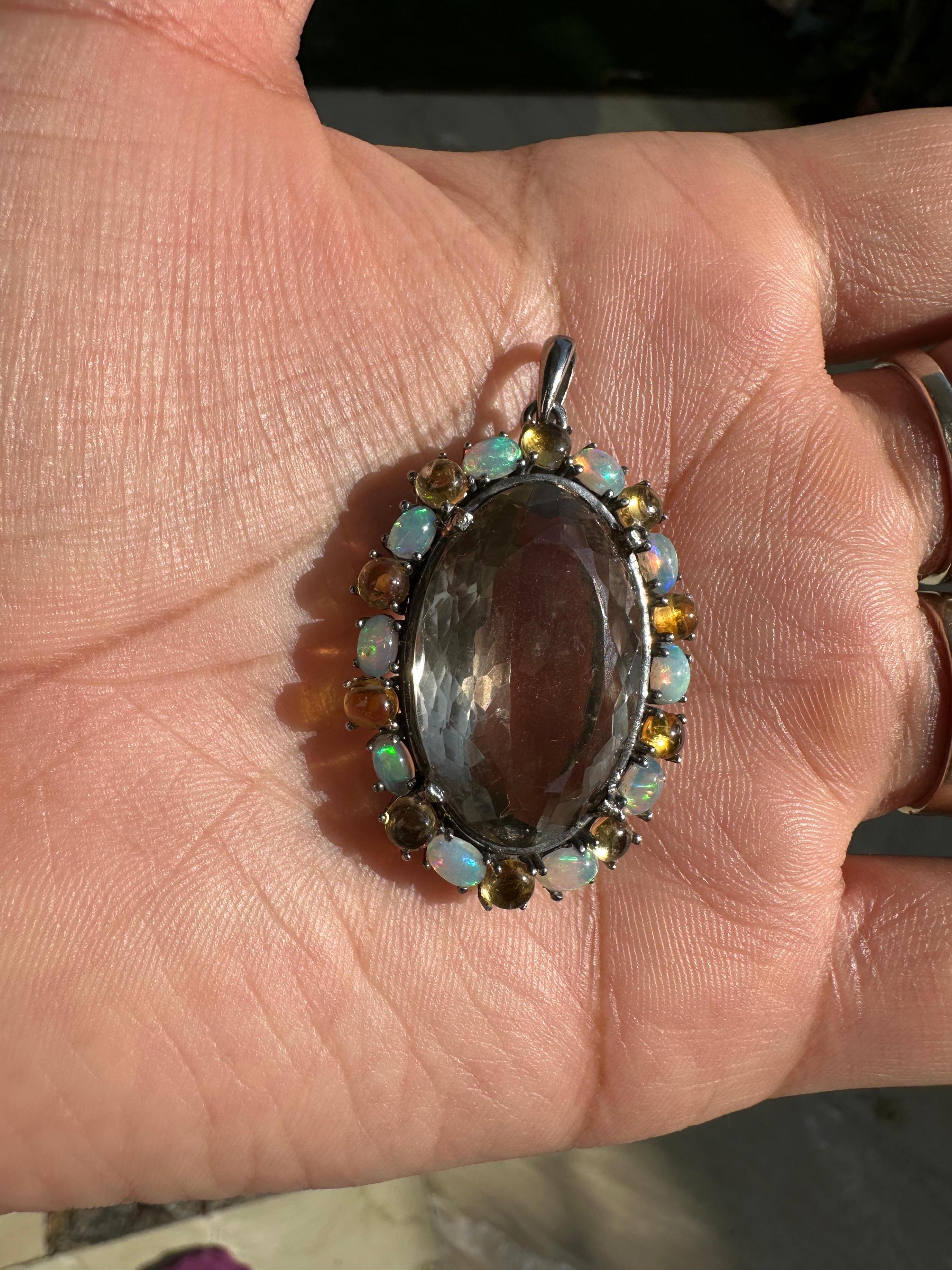 Green Amethyst & Opal Pendant | Sterling Silver Halo Necklace