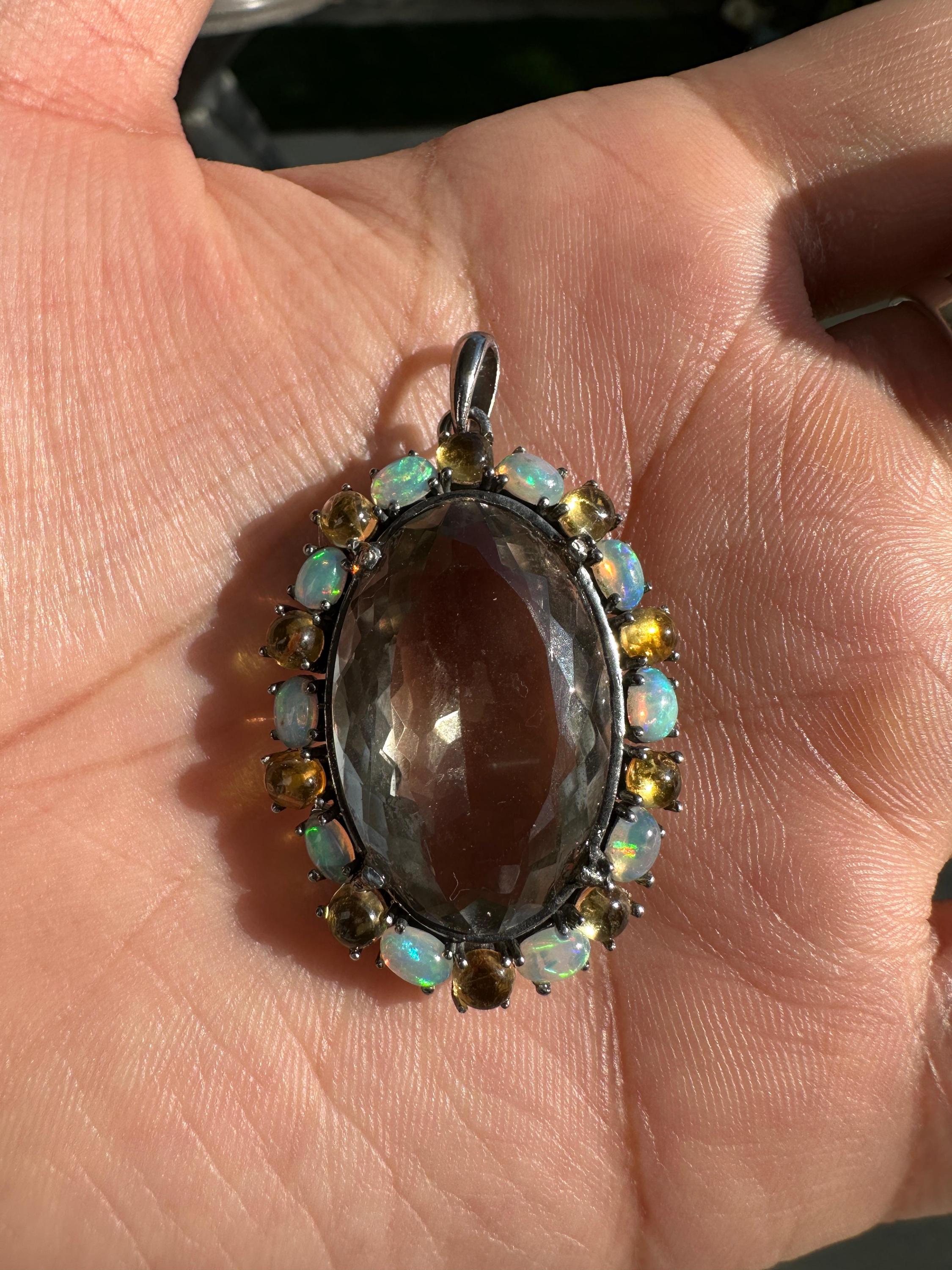 Green Amethyst & Opal Pendant | Sterling Silver Halo Necklace