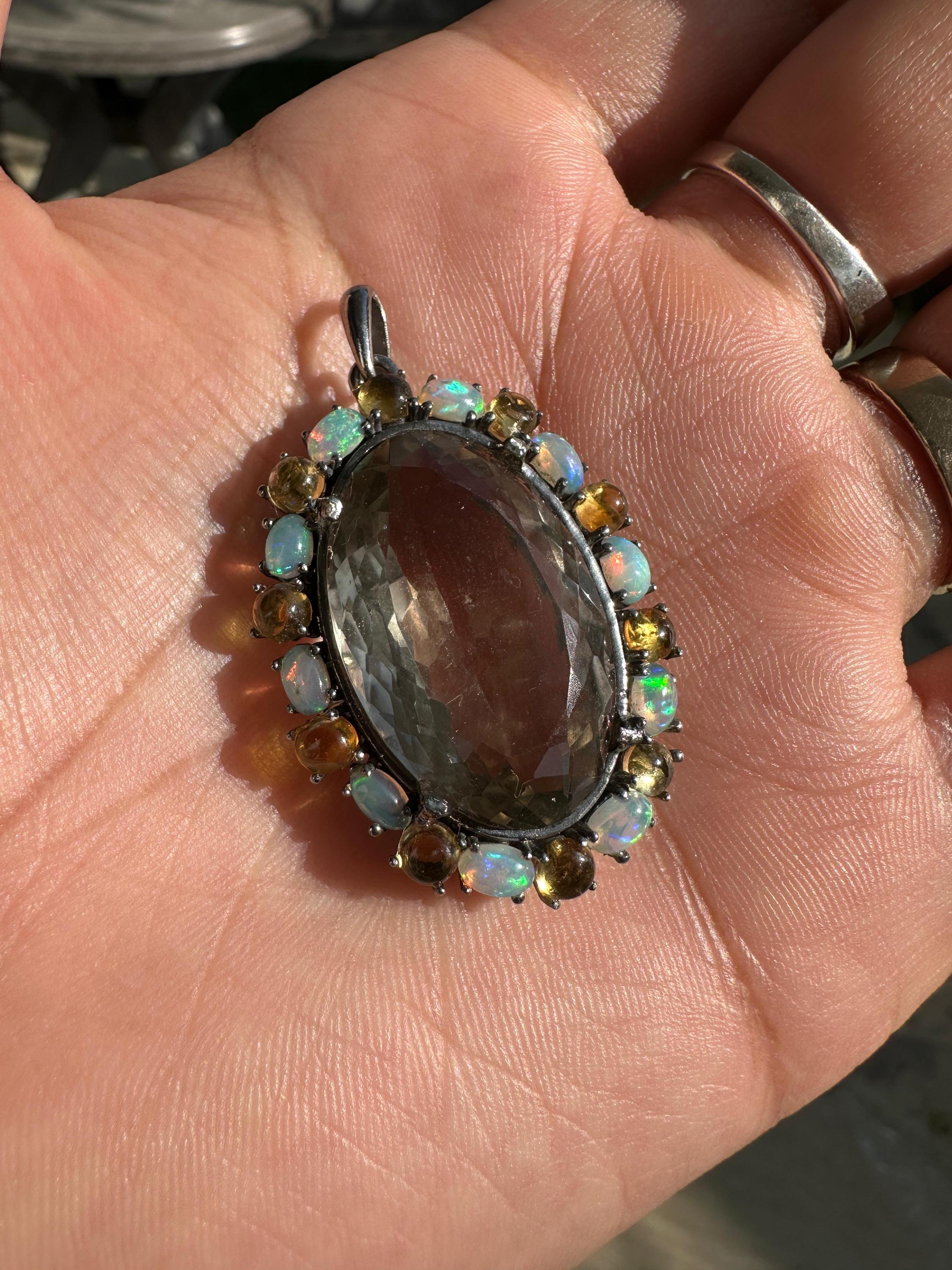 Green Amethyst & Opal Pendant | Sterling Silver Halo Necklace