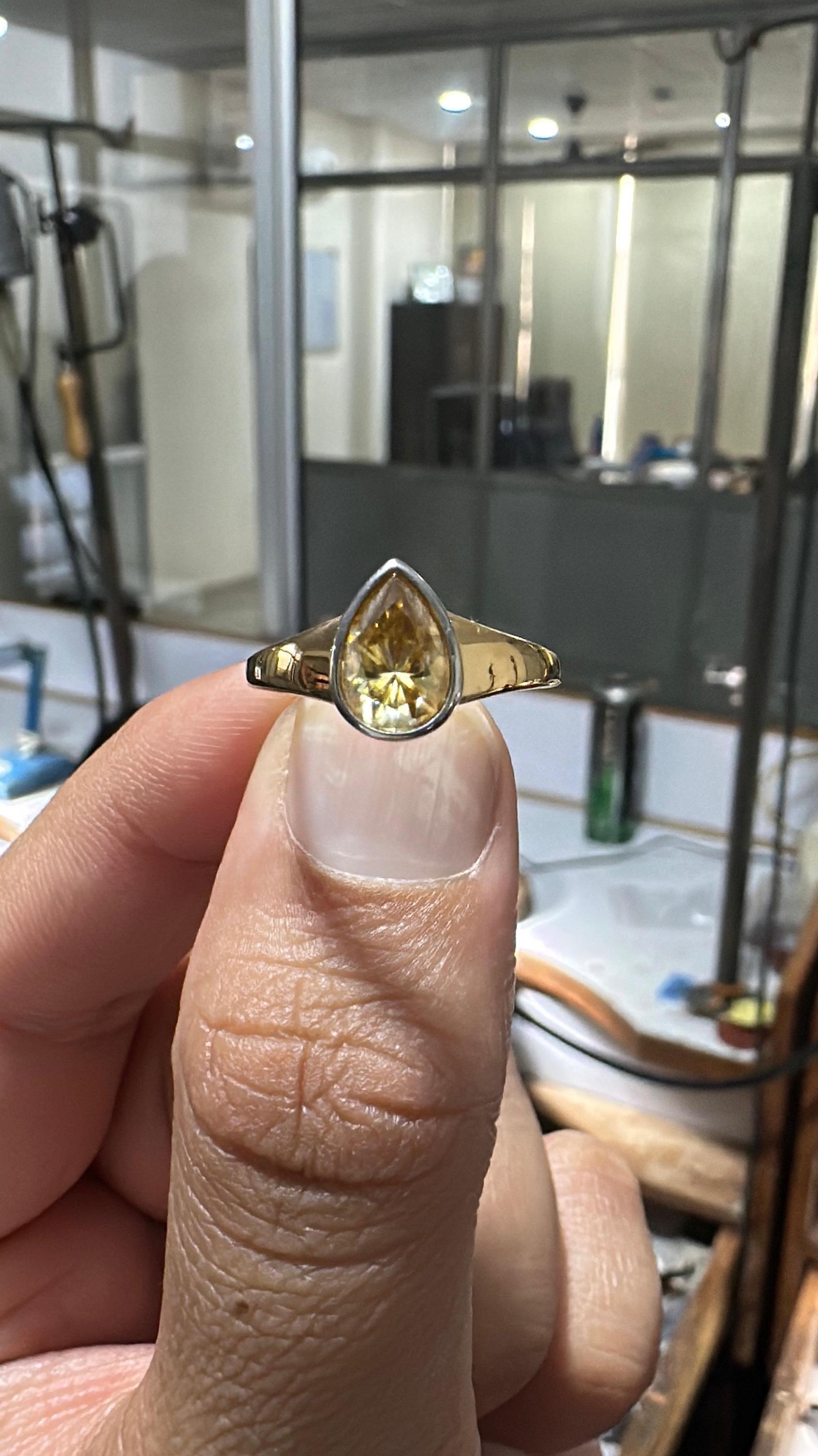 Pear Cut Yellow Moissanite Ring, 14K Gold Bezel Set Engagement Ring, Minimalist Solitaire