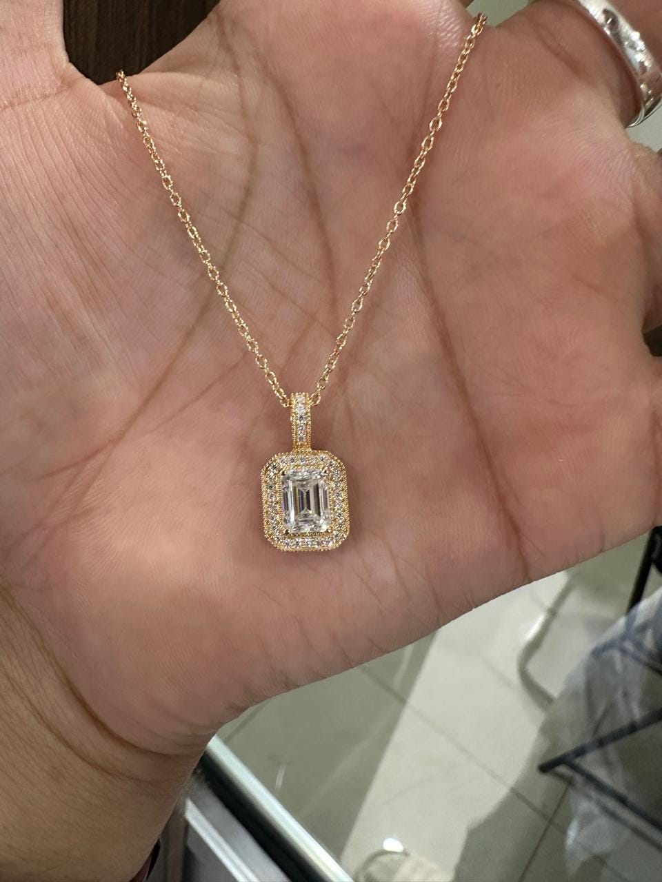 Emerald Cut Moissanite Halo Pendant Necklace, 14K Gold Vermeil, Vintage Style Necklace