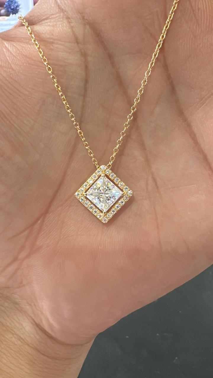 Princess Cut Moissanite Halo Pendant Necklace, 14K Gold Vermeil Jewelry, Gift for Her