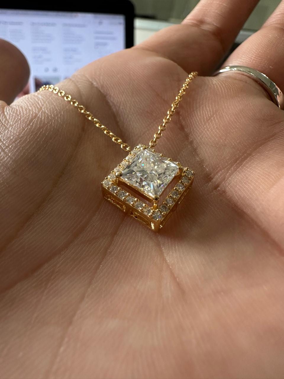 Princess Cut Moissanite Halo Pendant Necklace, 14K Gold Vermeil Jewelry, Gift for Her