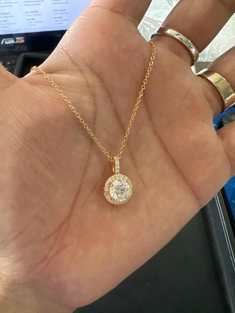 Round Cut Moissanite Halo Pendant, 14K Yellow Gold Vermeil, Vintage Style Necklace