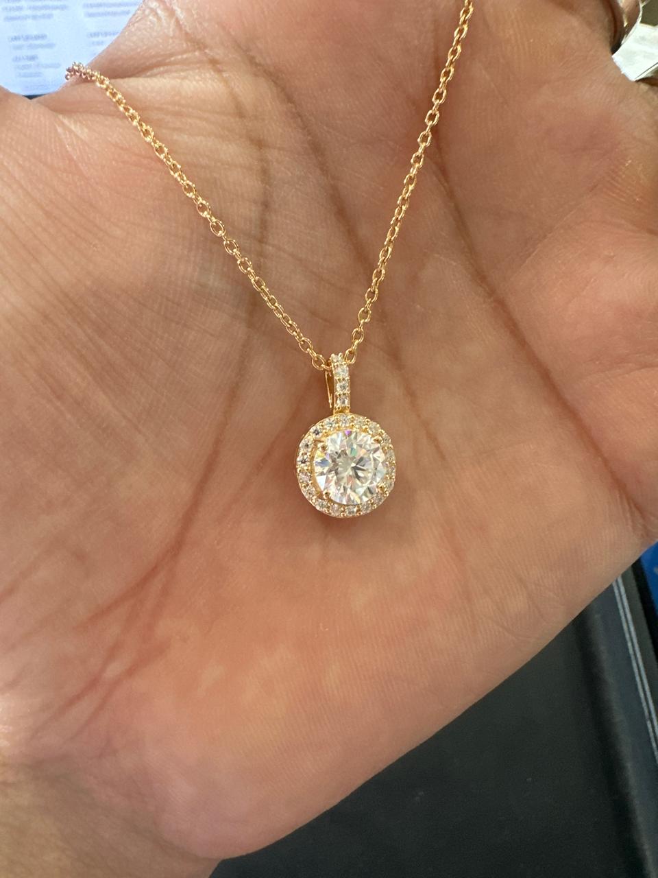 Round Cut Moissanite Halo Pendant, 14K Yellow Gold Vermeil, Vintage Style Necklace