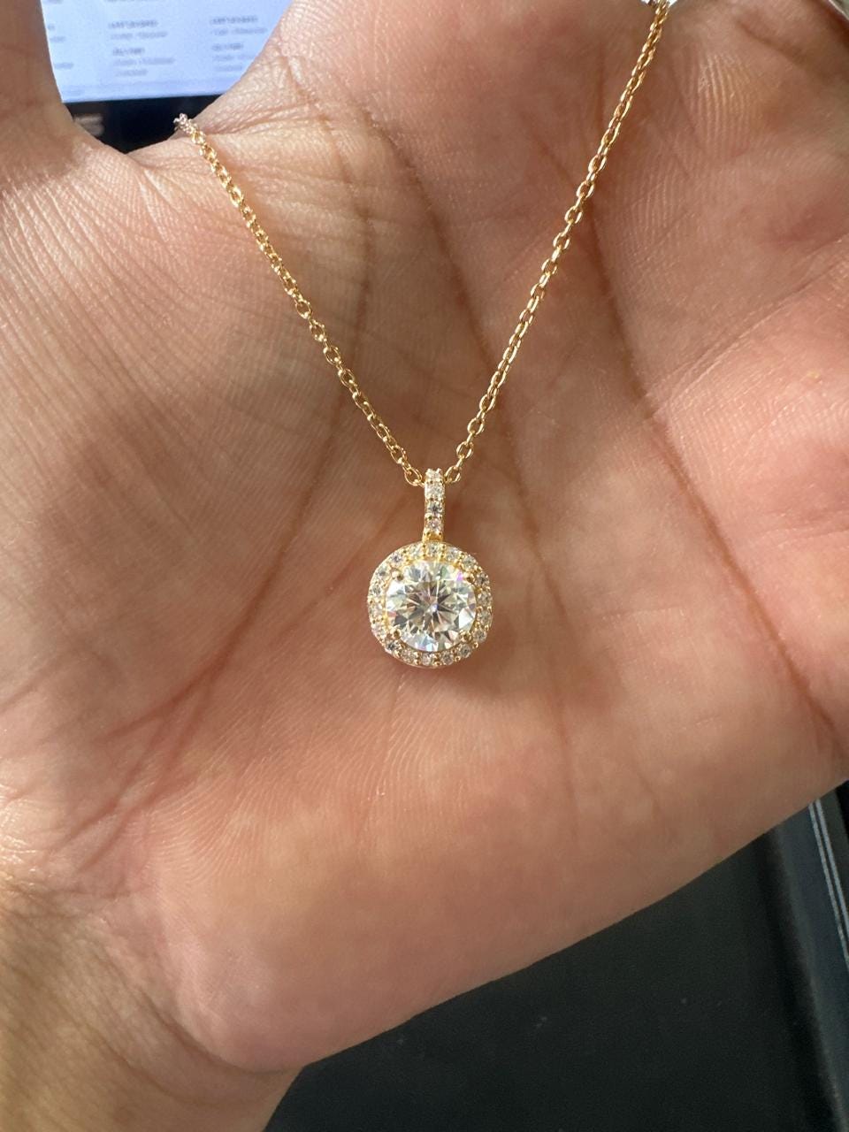 Round Cut Moissanite Halo Pendant, 14K Yellow Gold Vermeil, Vintage Style Necklace