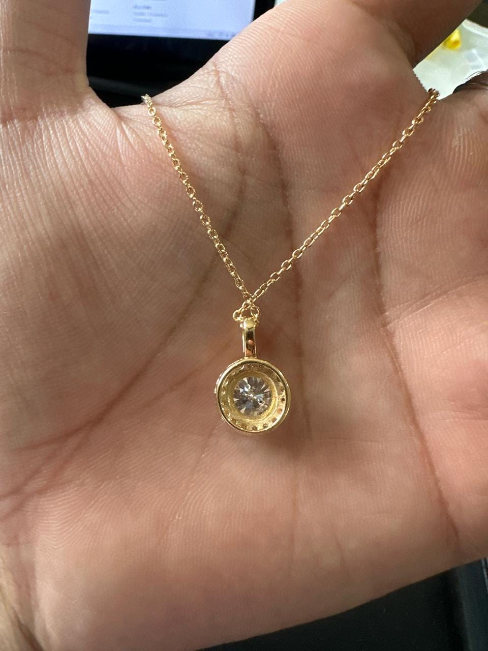Round Cut Moissanite Halo Pendant, 14K Yellow Gold Vermeil, Vintage Style Necklace