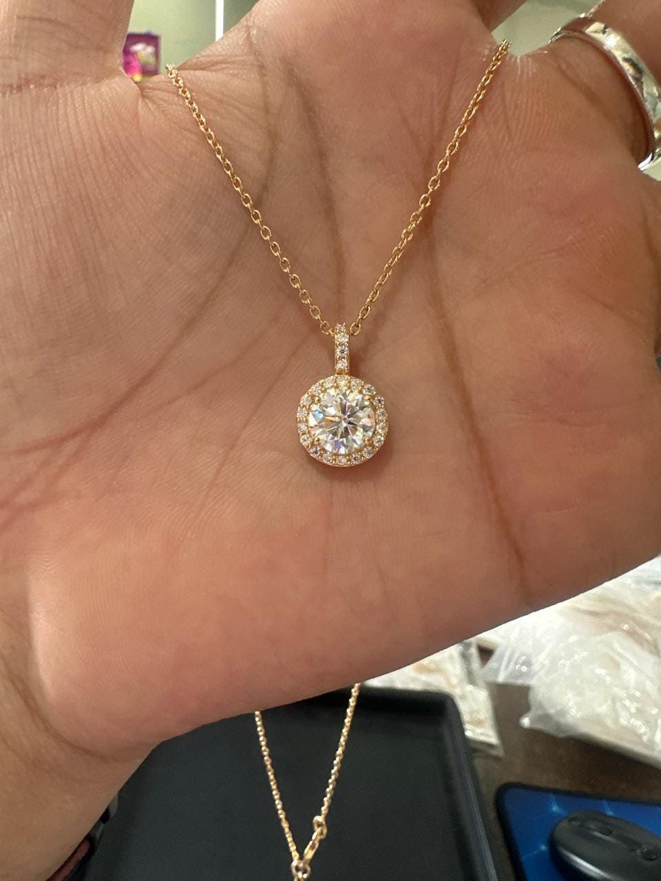 Round Cut Moissanite Halo Pendant, 14K Yellow Gold Vermeil, Vintage Style Necklace