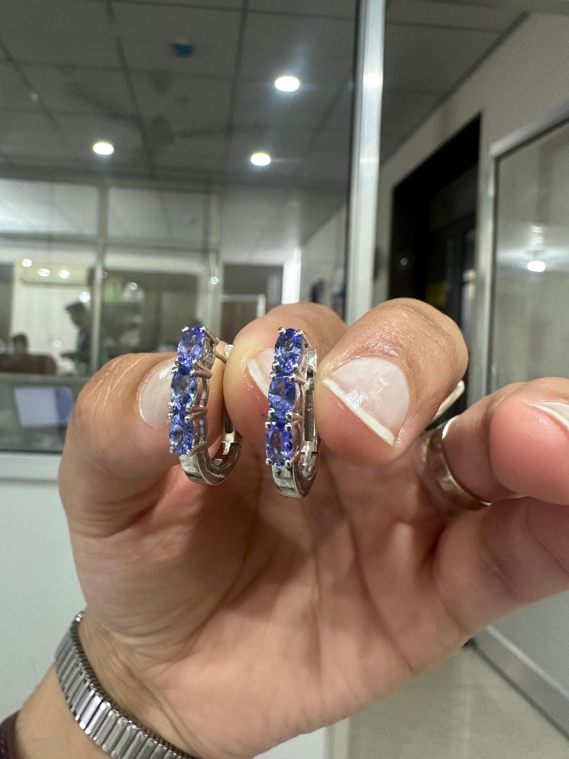 14k White Gold Tanzanite Huggies Hoop Earrings, December Birthstone, Gift for her