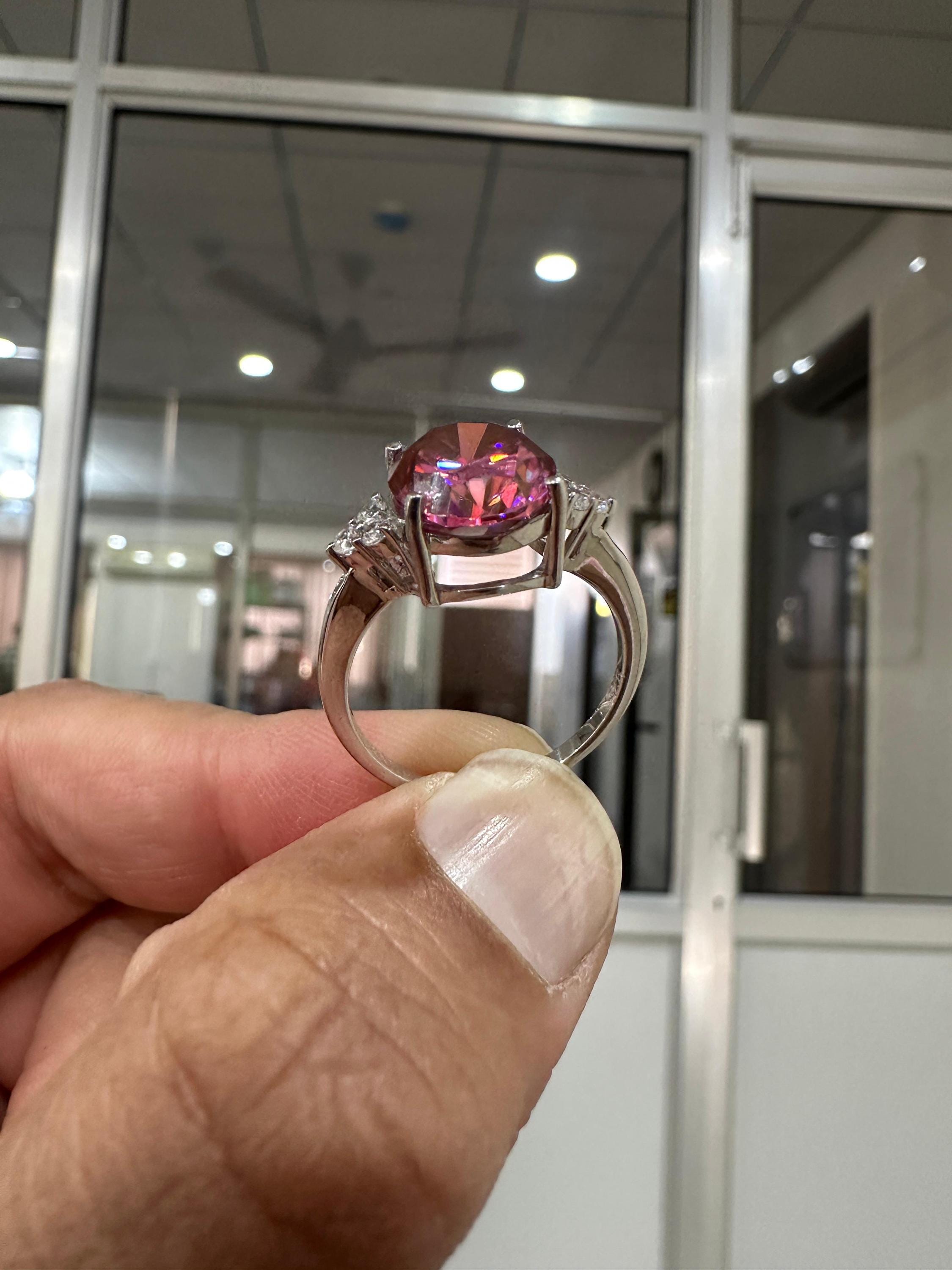 6 CT Oval Imperial Pink Moissanite Engagement Ring, 14K White Gold Three Stone Design