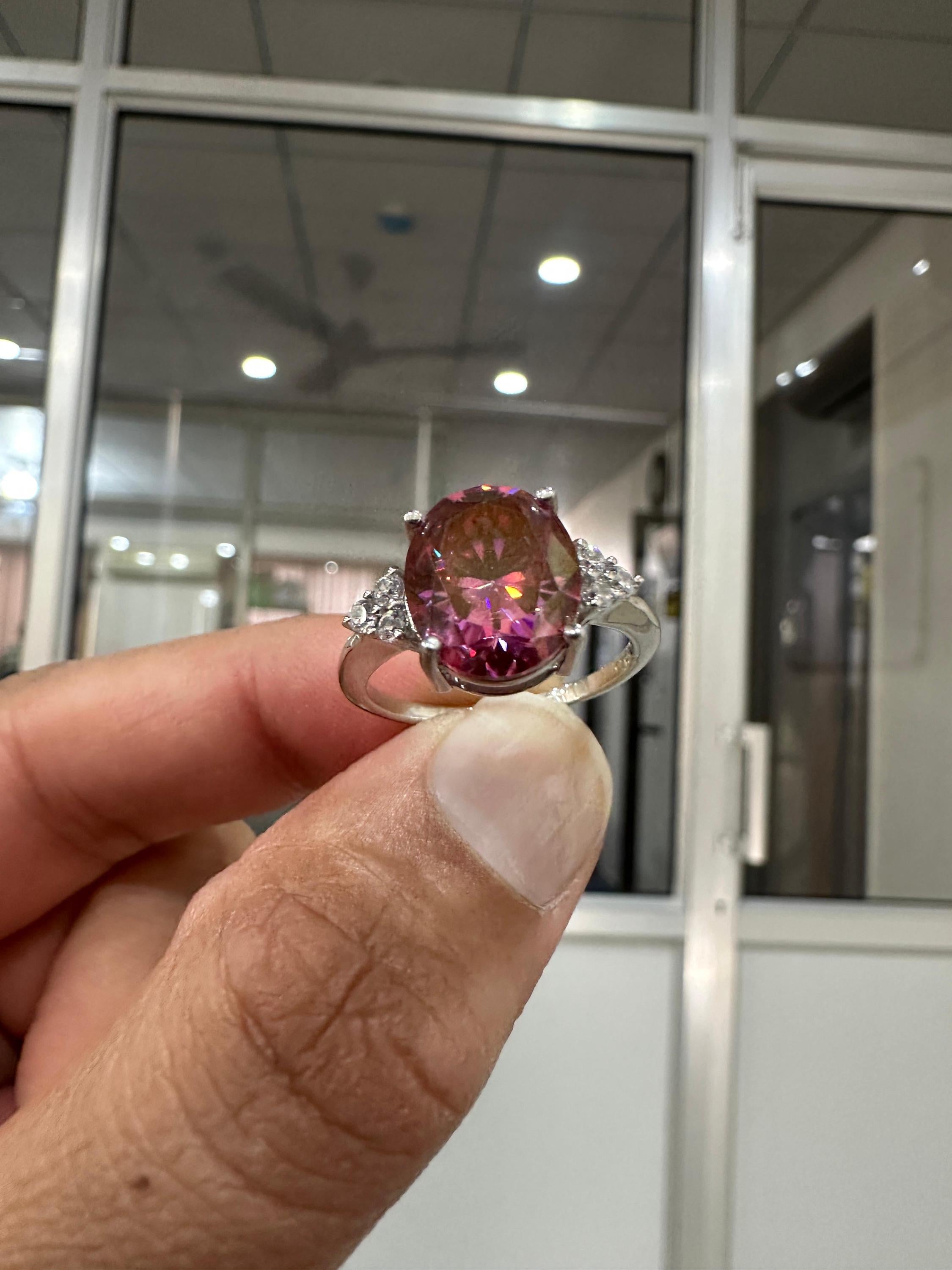 6 CT Oval Imperial Pink Moissanite Engagement Ring, 14K White Gold Three Stone Design