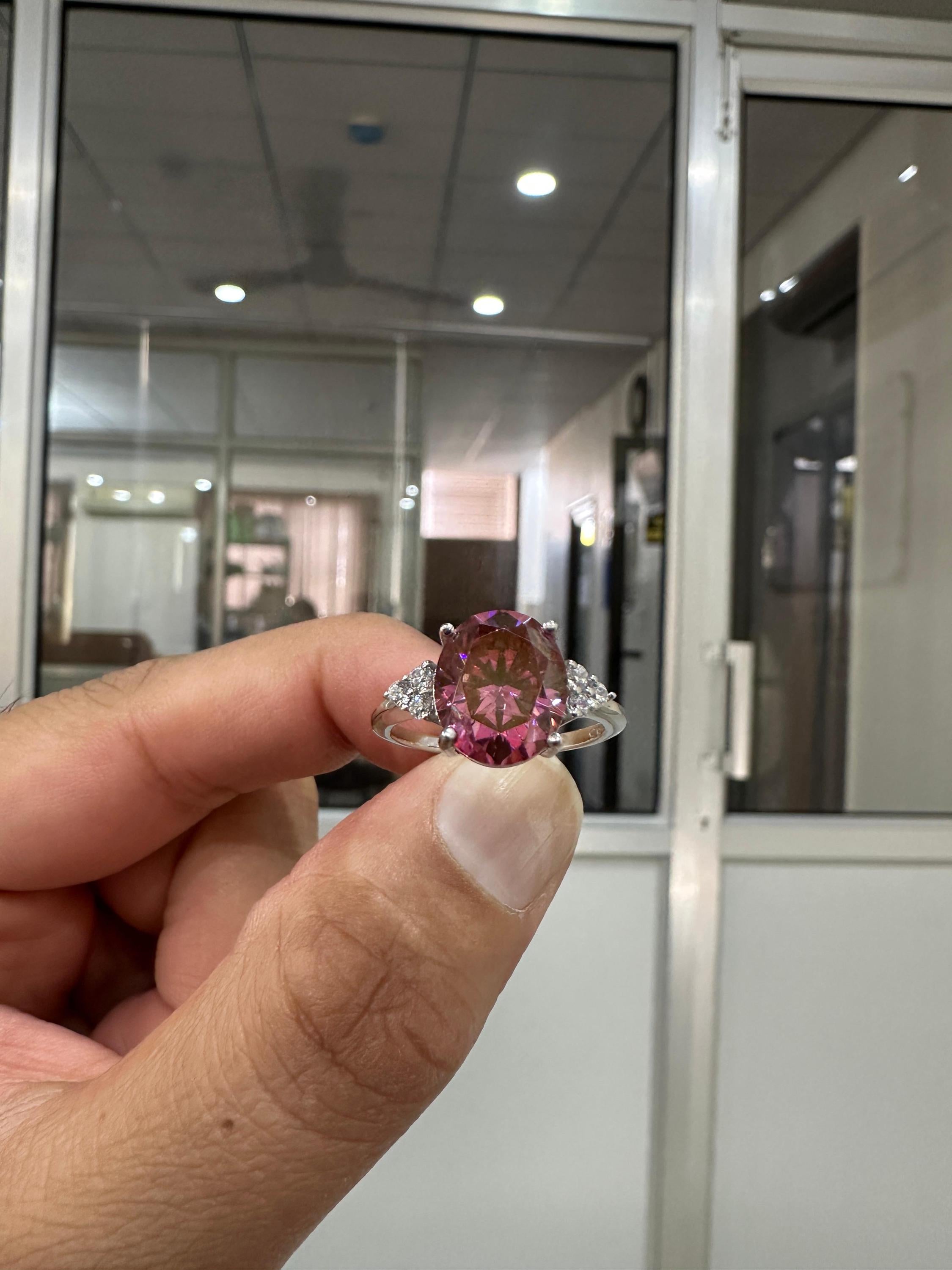 6 CT Oval Imperial Pink Moissanite Engagement Ring, 14K White Gold Three Stone Design