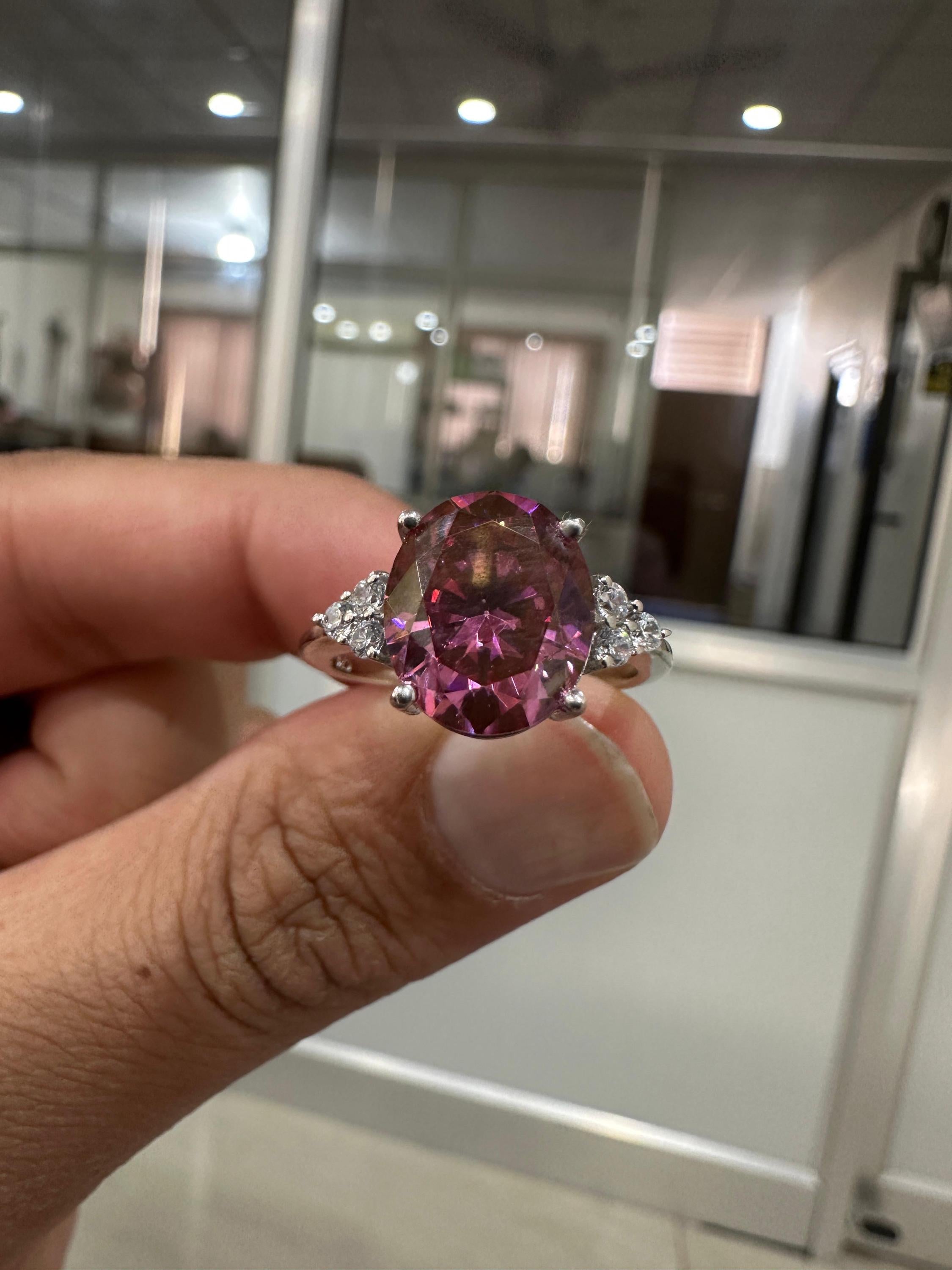 6 CT Oval Imperial Pink Moissanite Engagement Ring, 14K White Gold Three Stone Design