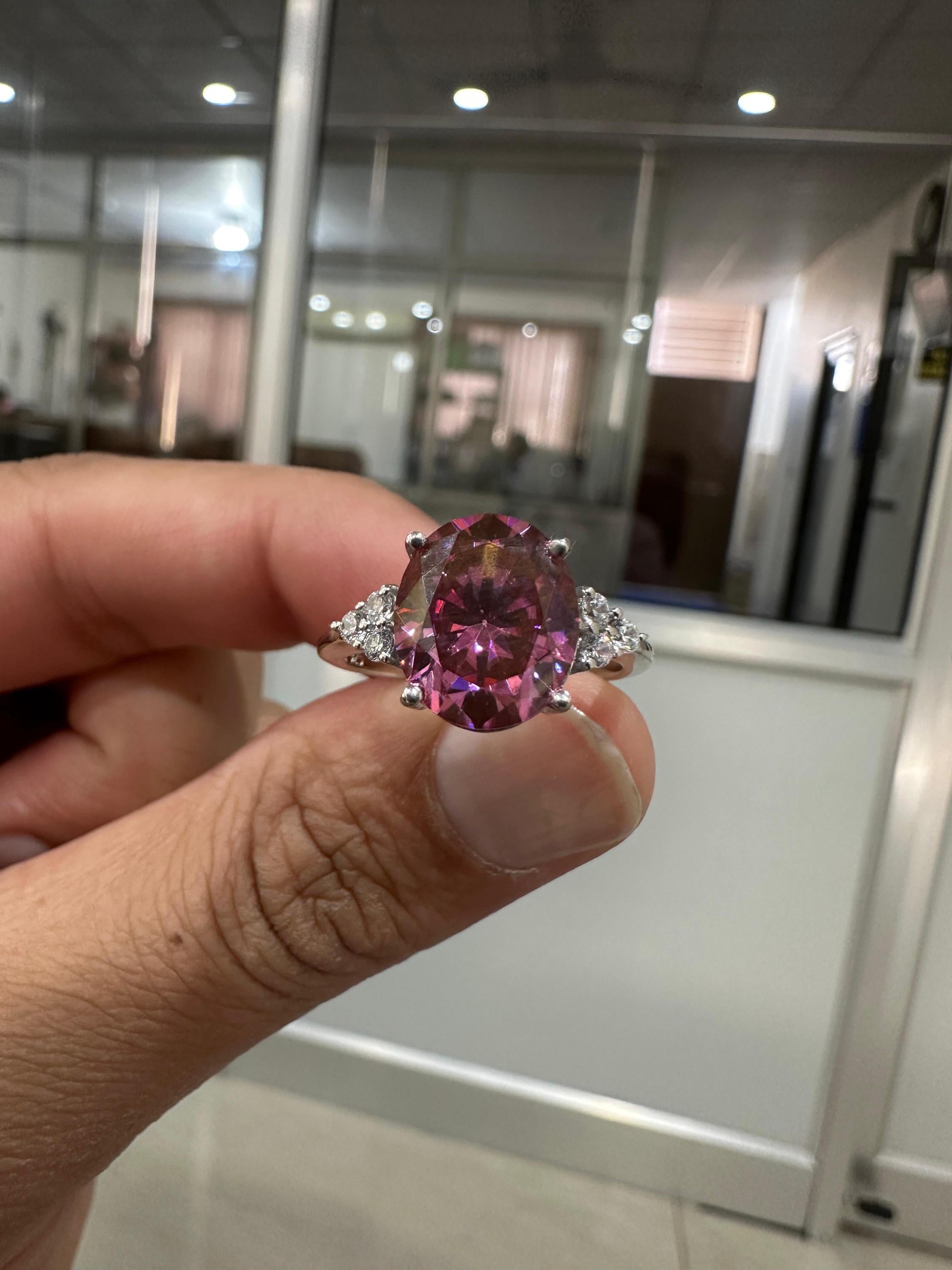 6 CT Oval Imperial Pink Moissanite Engagement Ring, 14K White Gold Three Stone Design
