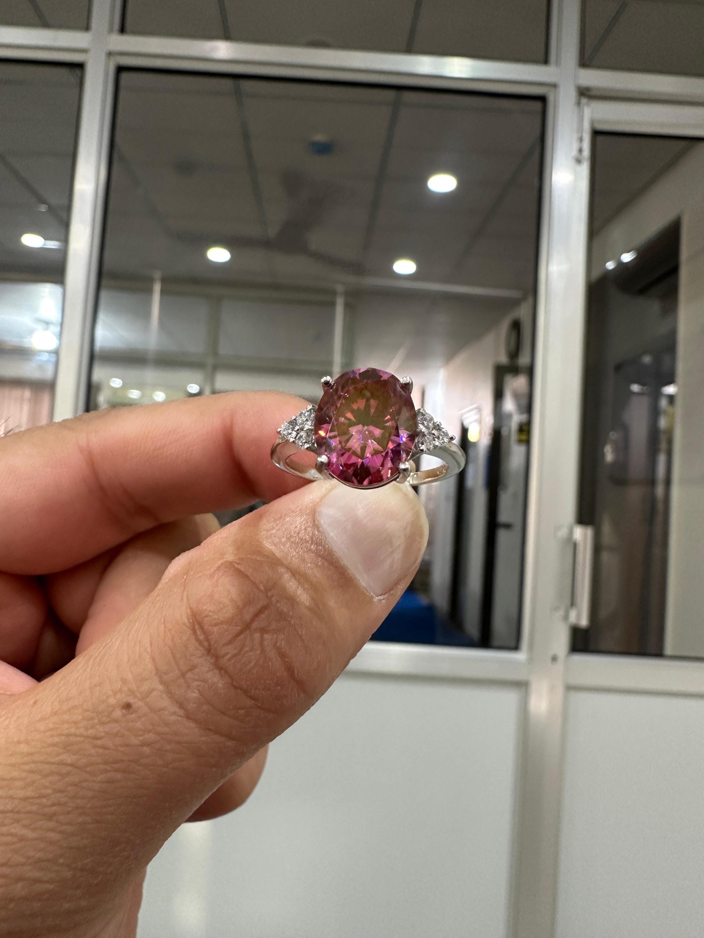 6 CT Oval Imperial Pink Moissanite Engagement Ring, 14K White Gold Three Stone Design