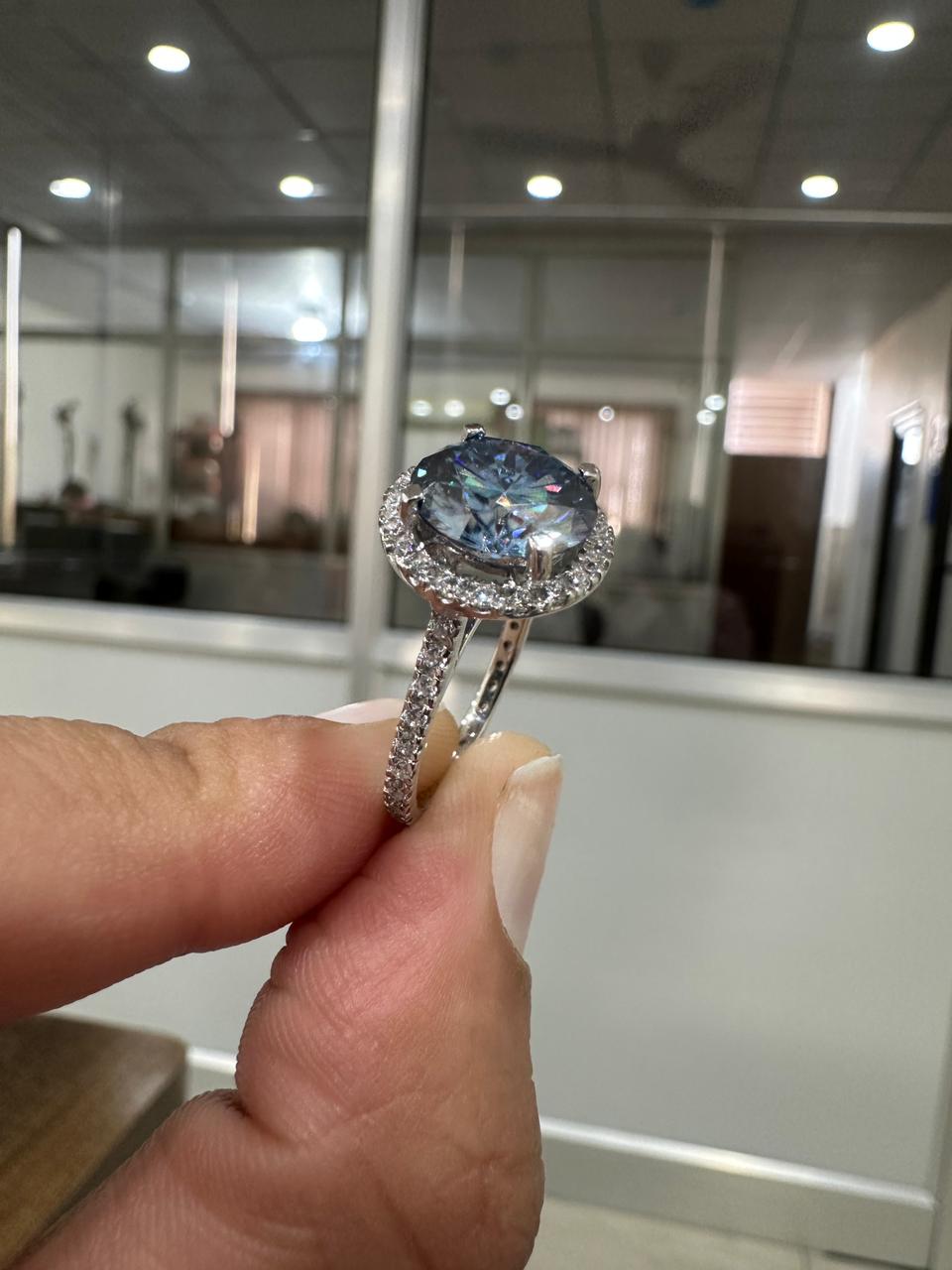 Blue Moissanite Engagement Ring | 14K White Gold Halo Pave Band, Gift for her