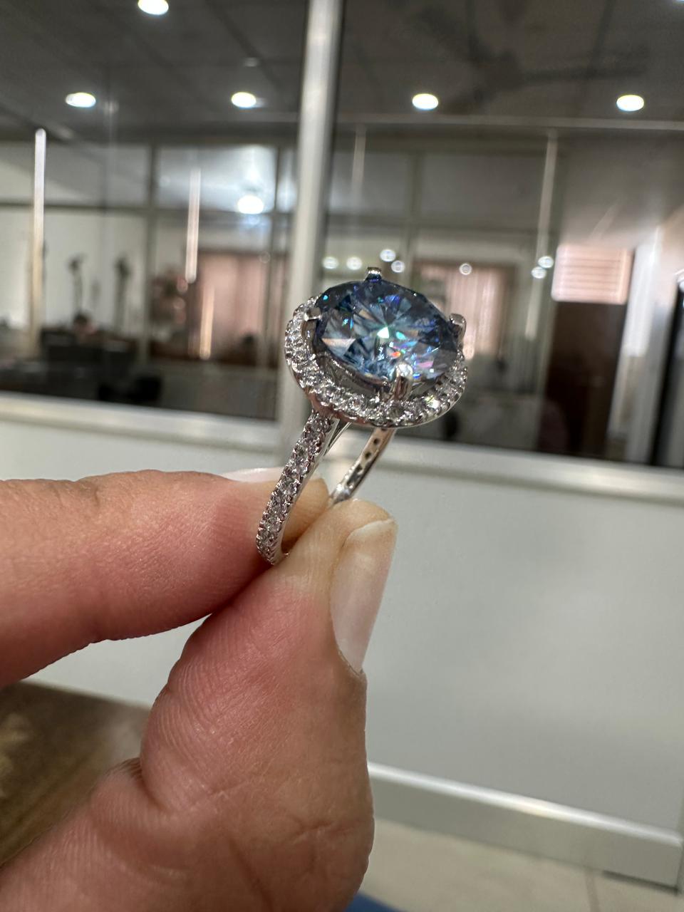 Blue Moissanite Engagement Ring | 14K White Gold Halo Pave Band, Gift for her
