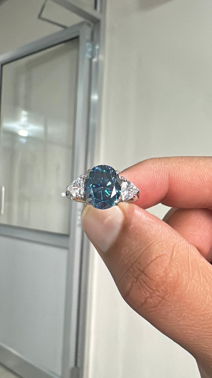 4CT Oval Alexandrite Three-Stone Ring | 14K White Gold, Moissanite Accents