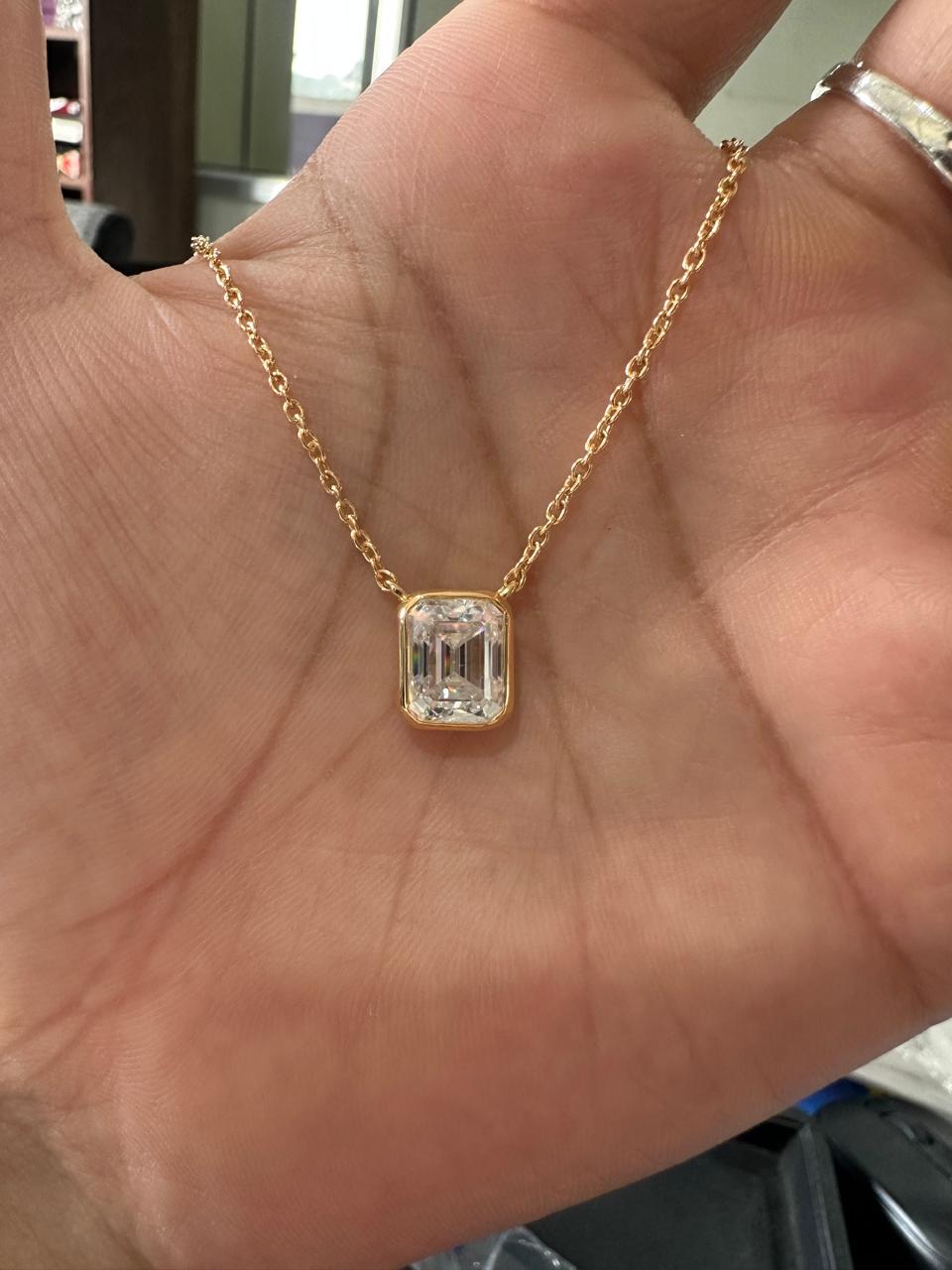 4 Ct Emerald Cut Moissanite Pendant Necklace, 14K Gold Vermeil Bezel Set