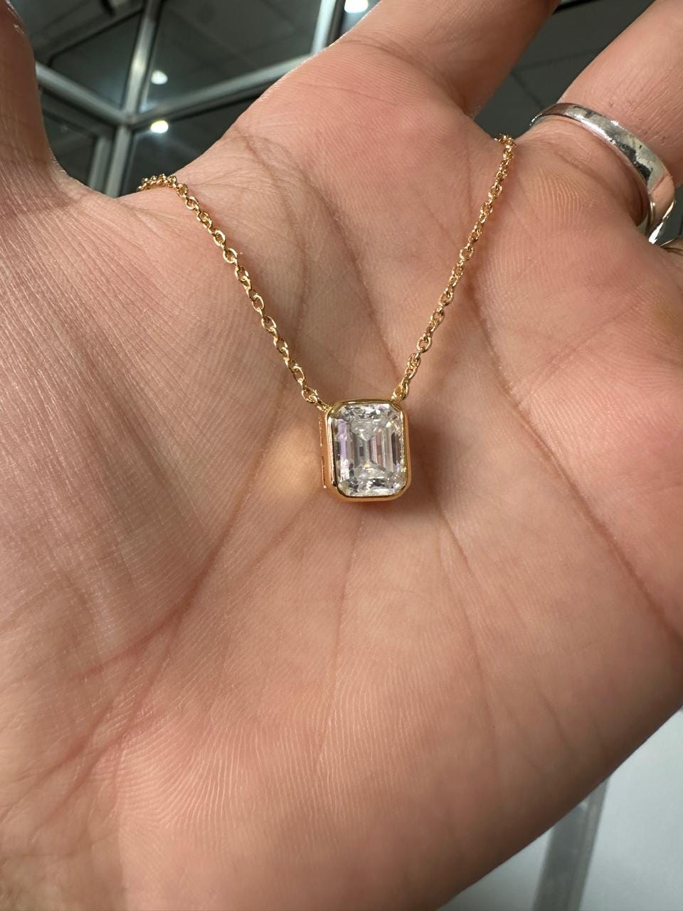 4 Ct Emerald Cut Moissanite Pendant Necklace, 14K Gold Vermeil Bezel Set