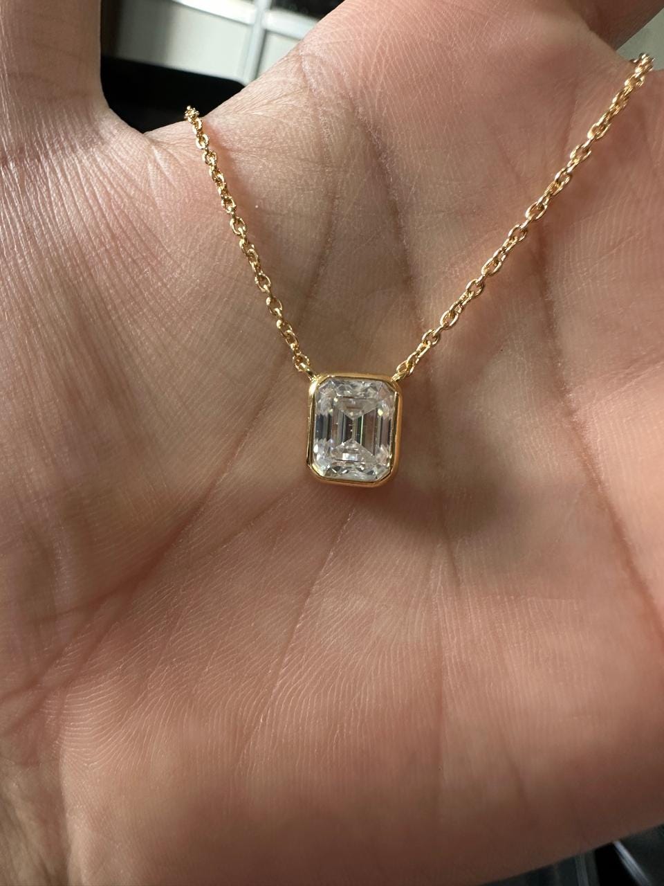 4 Ct Emerald Cut Moissanite Pendant Necklace, 14K Gold Vermeil Bezel Set