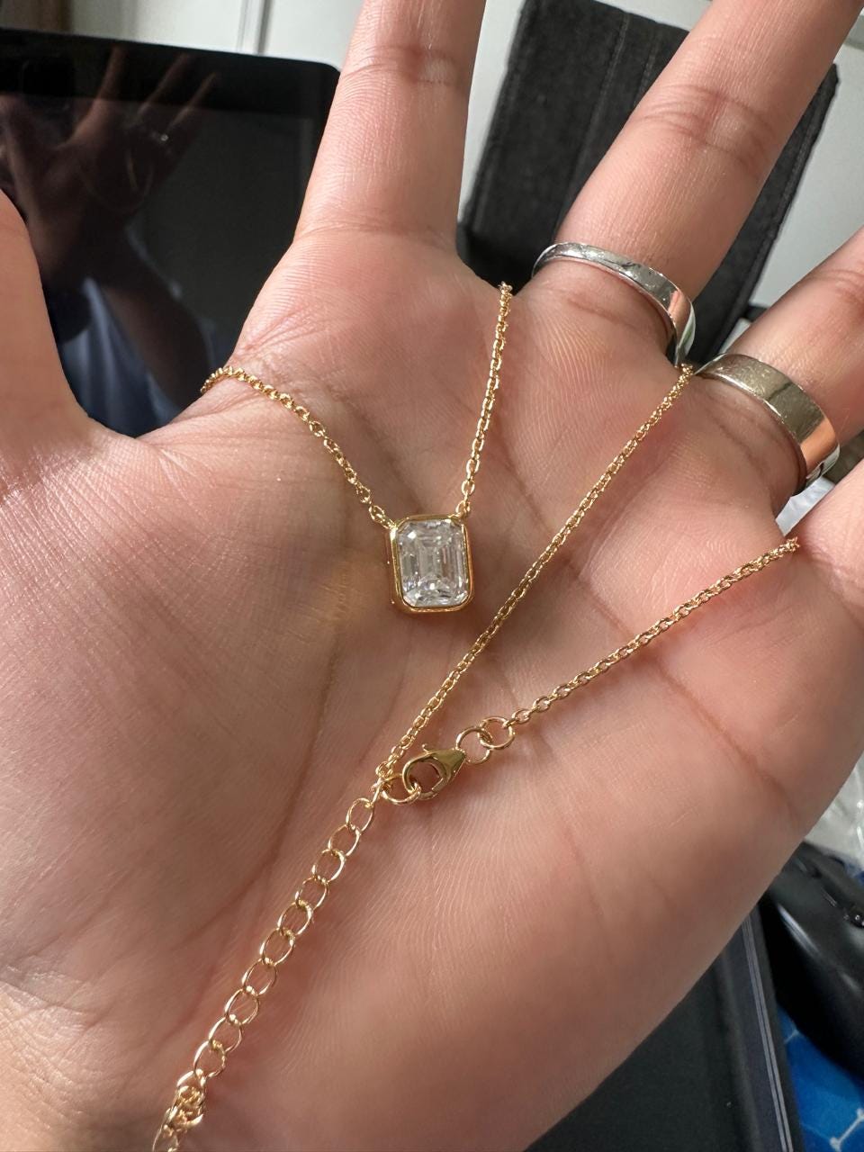 4 Ct Emerald Cut Moissanite Pendant Necklace, 14K Gold Vermeil Bezel Set