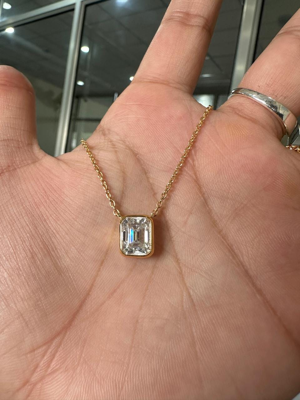4 Ct Emerald Cut Moissanite Pendant Necklace, 14K Gold Vermeil Bezel Set