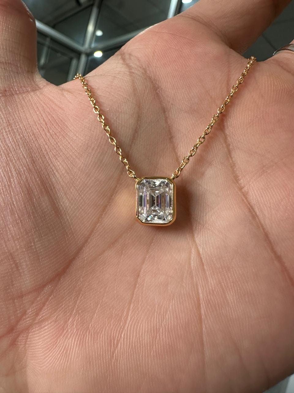 4 Ct Emerald Cut Moissanite Pendant Necklace, 14K Gold Vermeil Bezel Set