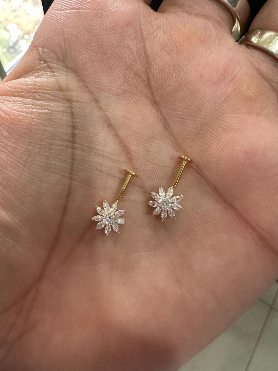 14K Yellow Gold Moissanite Flower Earrings | South Screw Lock Earrings for women