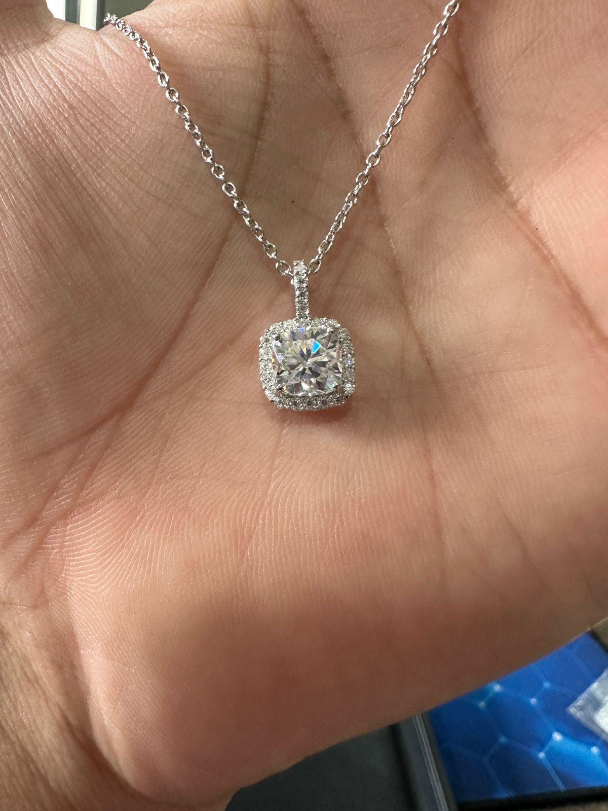 Cushion Cut Moissanite Halo Pendant Necklace | 925 Sterling Silver, Gift for her