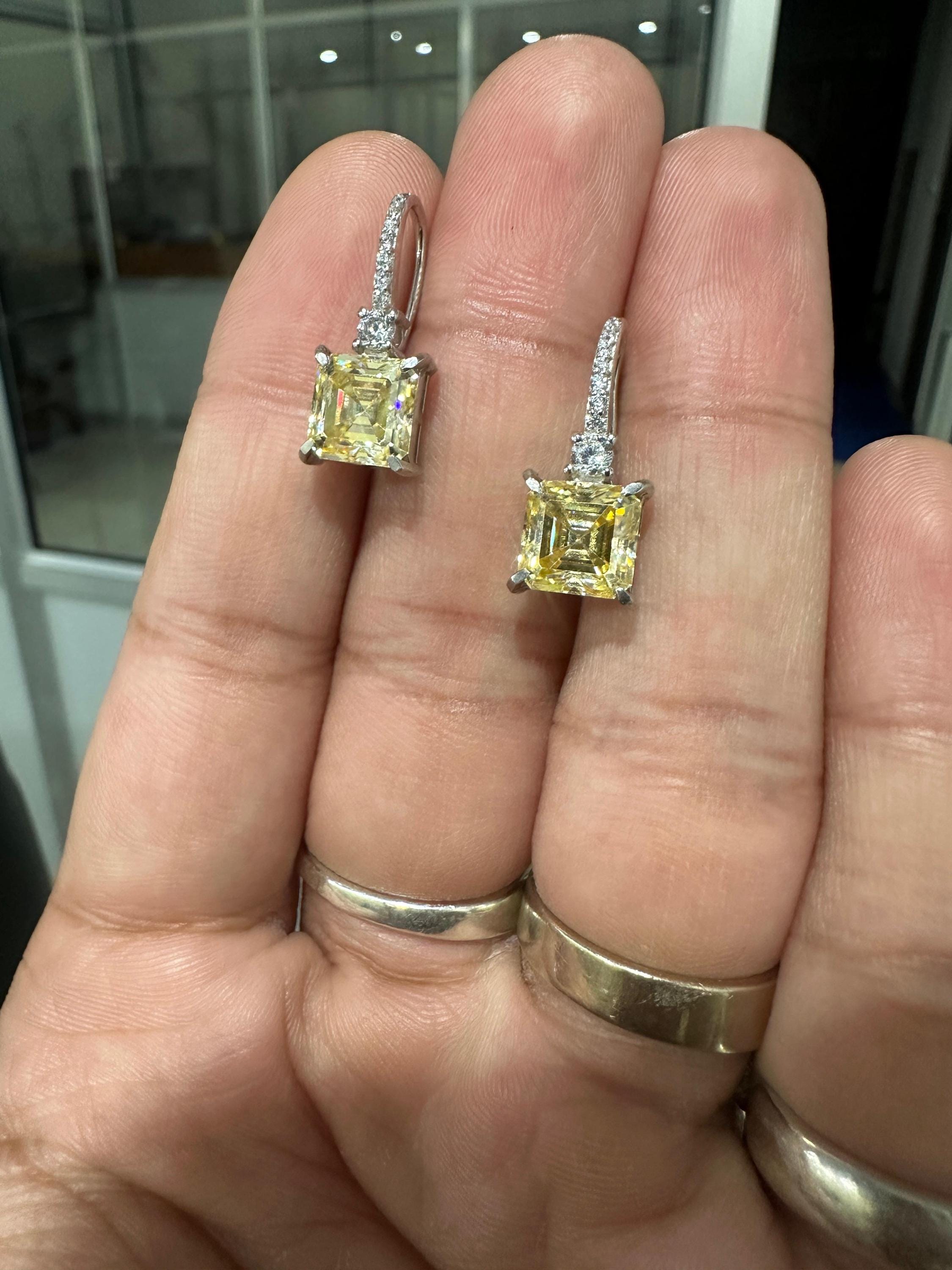 5 CT Yellow Moissanite Asscher Cut Drop Earrings | 14K White Gold, Diamond Accents