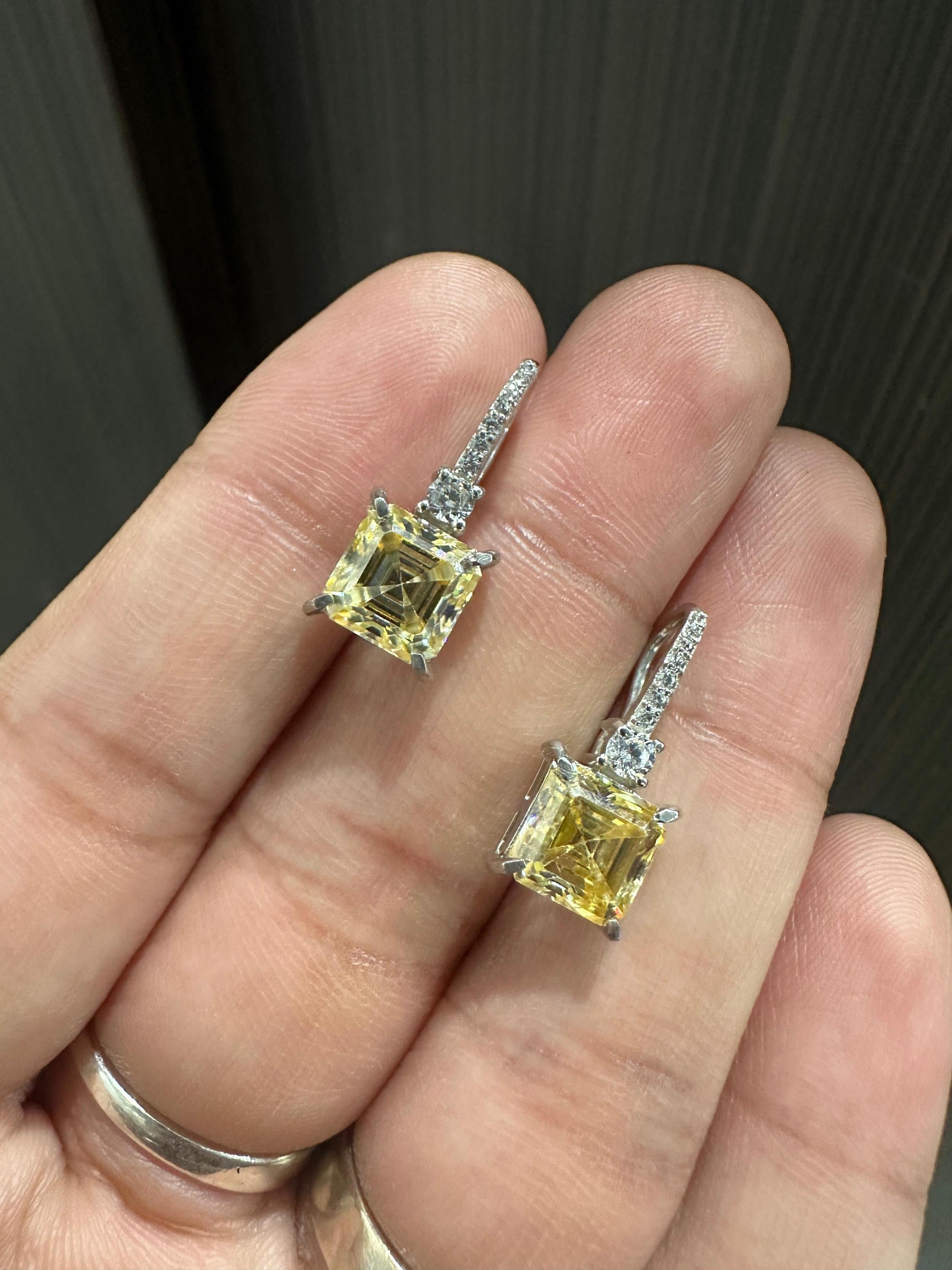 5 CT Yellow Moissanite Asscher Cut Drop Earrings | 14K White Gold, Diamond Accents