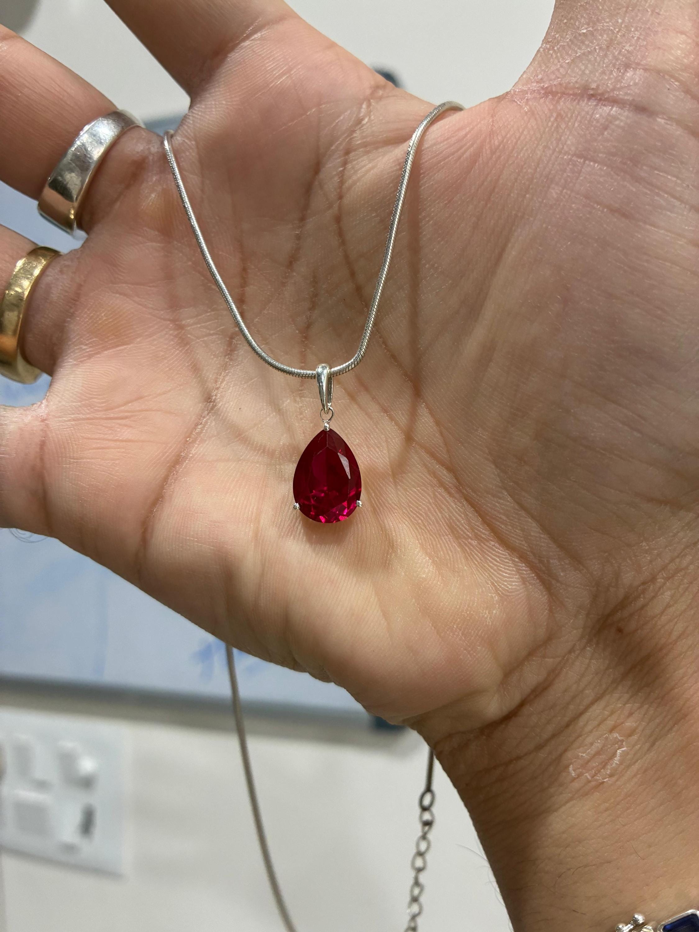 6 CT Pear Cut Ruby Pendant Necklace, 14K White Gold, July Birthstone Jewelry